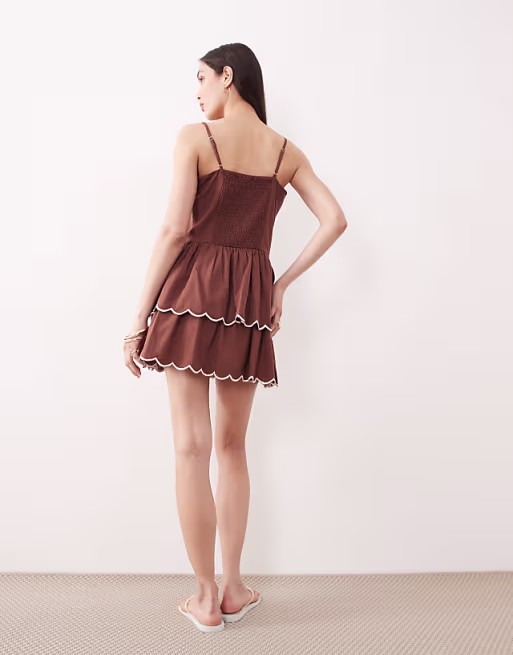 Esmée mini beach dress with cream scallop trim in brown