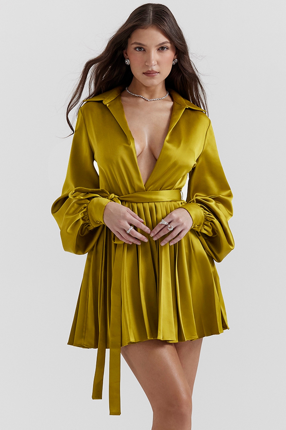 chartreuse pleated shirt dress
