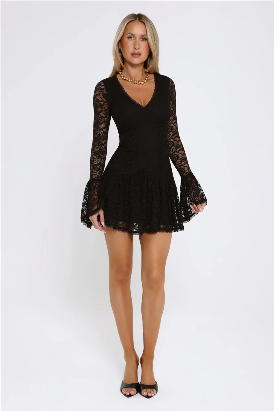 Gilded Lace Nights Long Sleeve Mini Dress Black