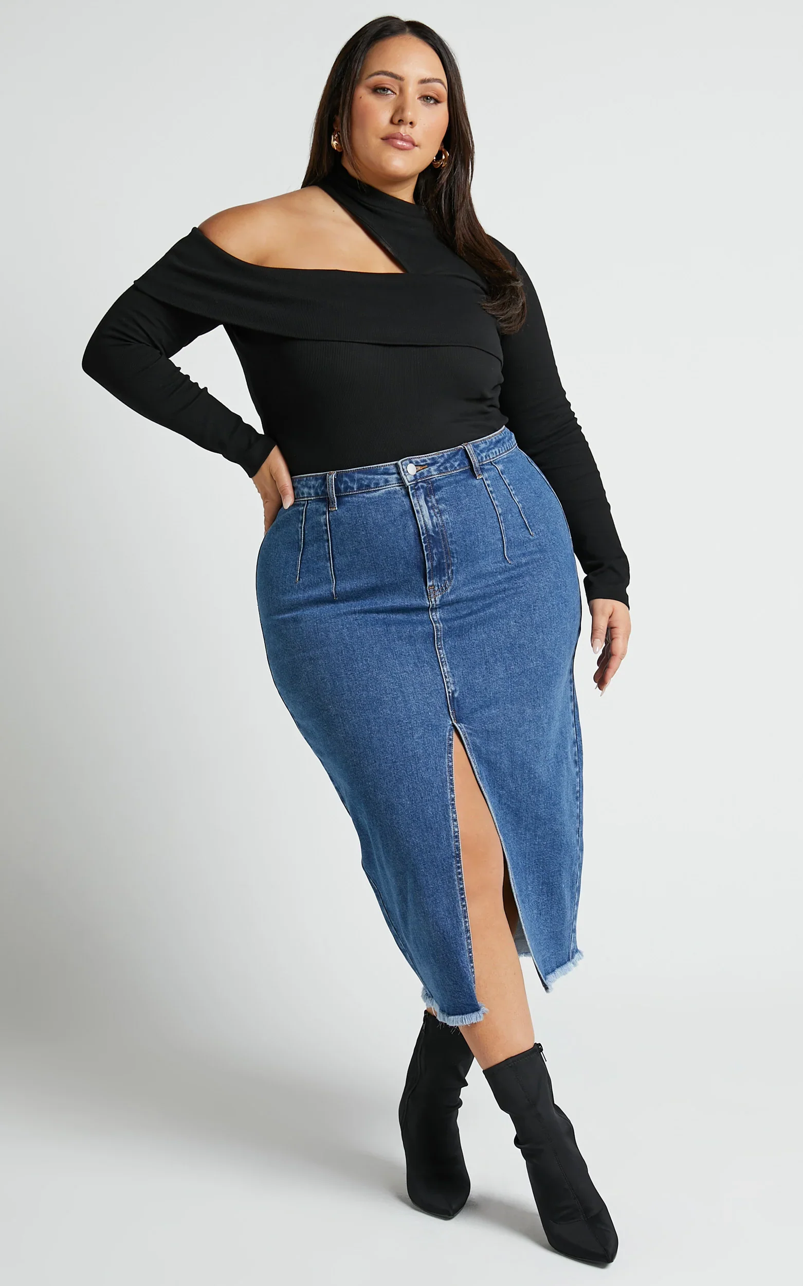 Janeve Midi Skirt - Front Split Denim Skirt in Dark Blue