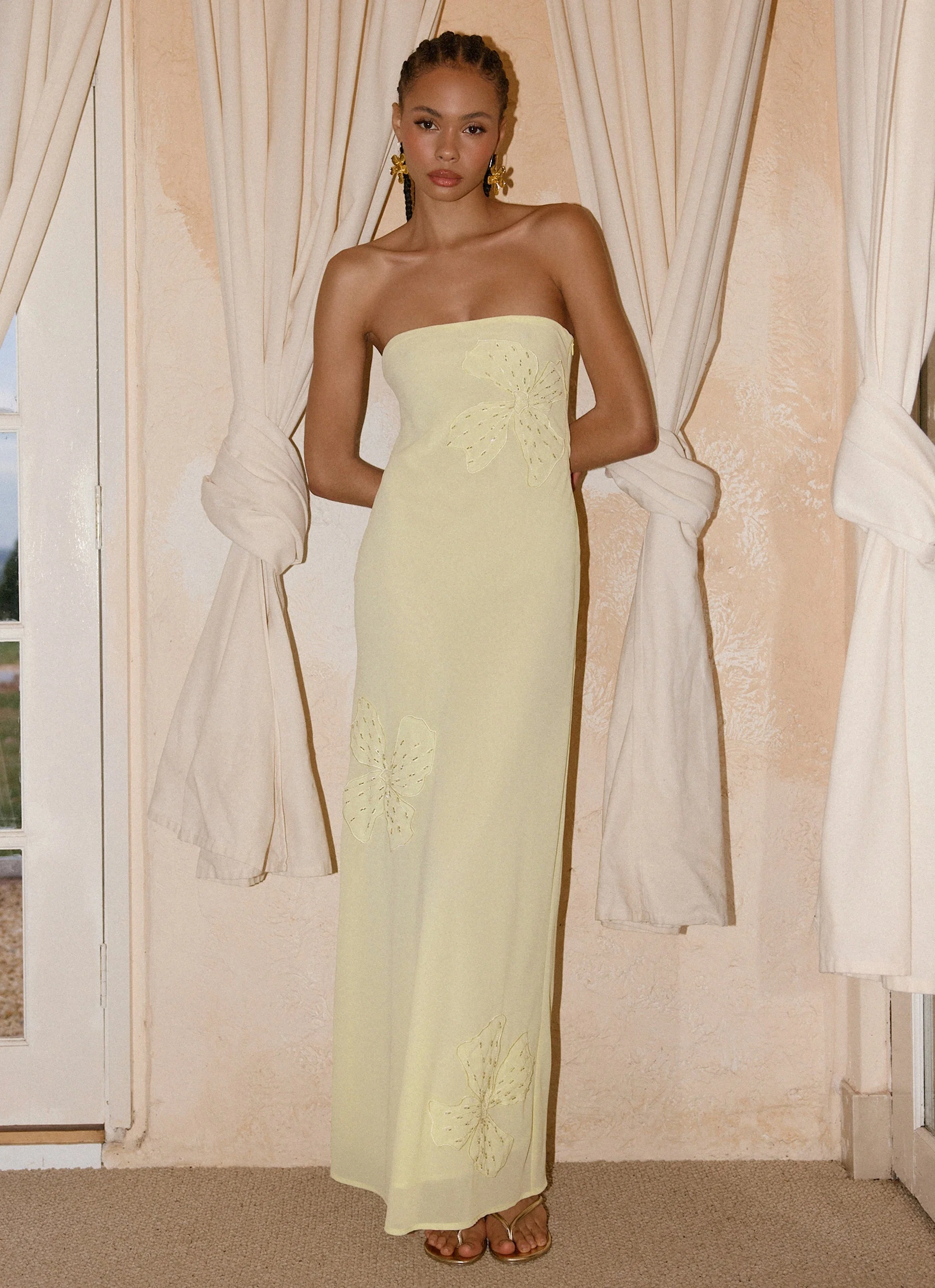 Sassafras Beaded Flower Strapless Maxi Dress - Yellow