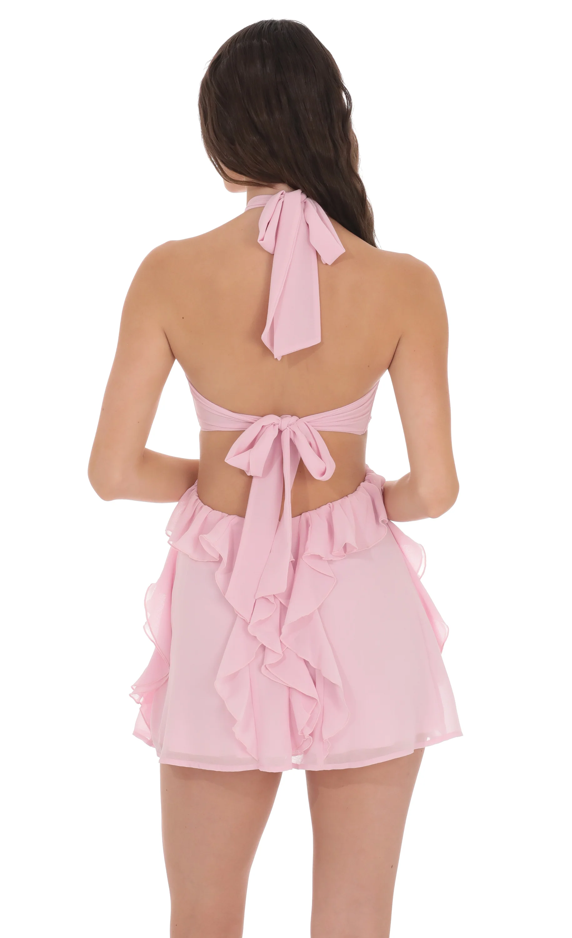 Chiffon Cutout Ruffle Dress in Pink