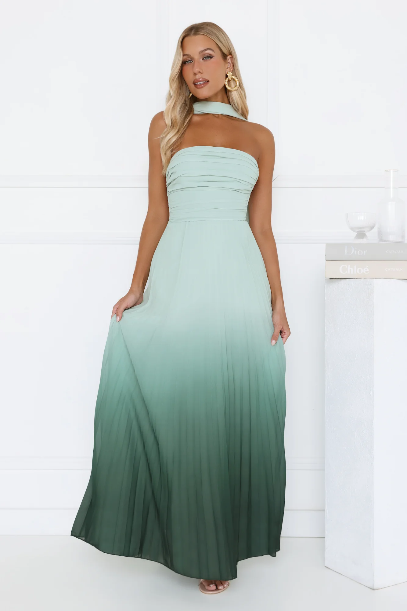 Goddess Ombre Pleated Maxi Dress Green