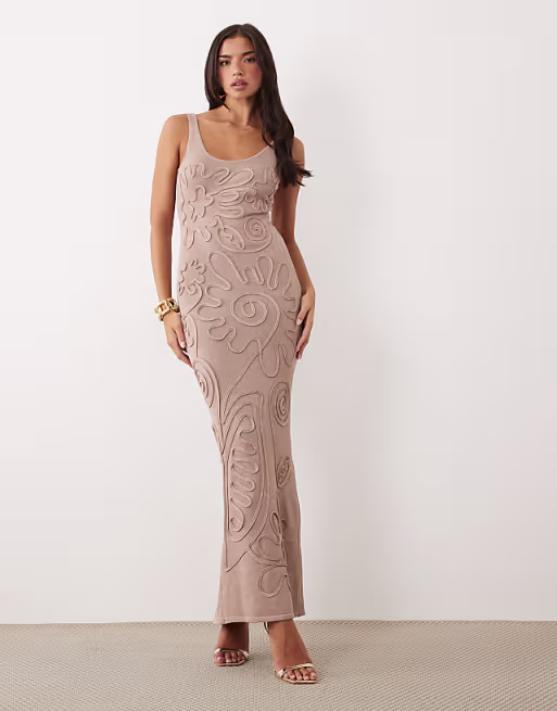 Wanderdoll Sunnie knit abstract detail tie back maxi dress in light brown