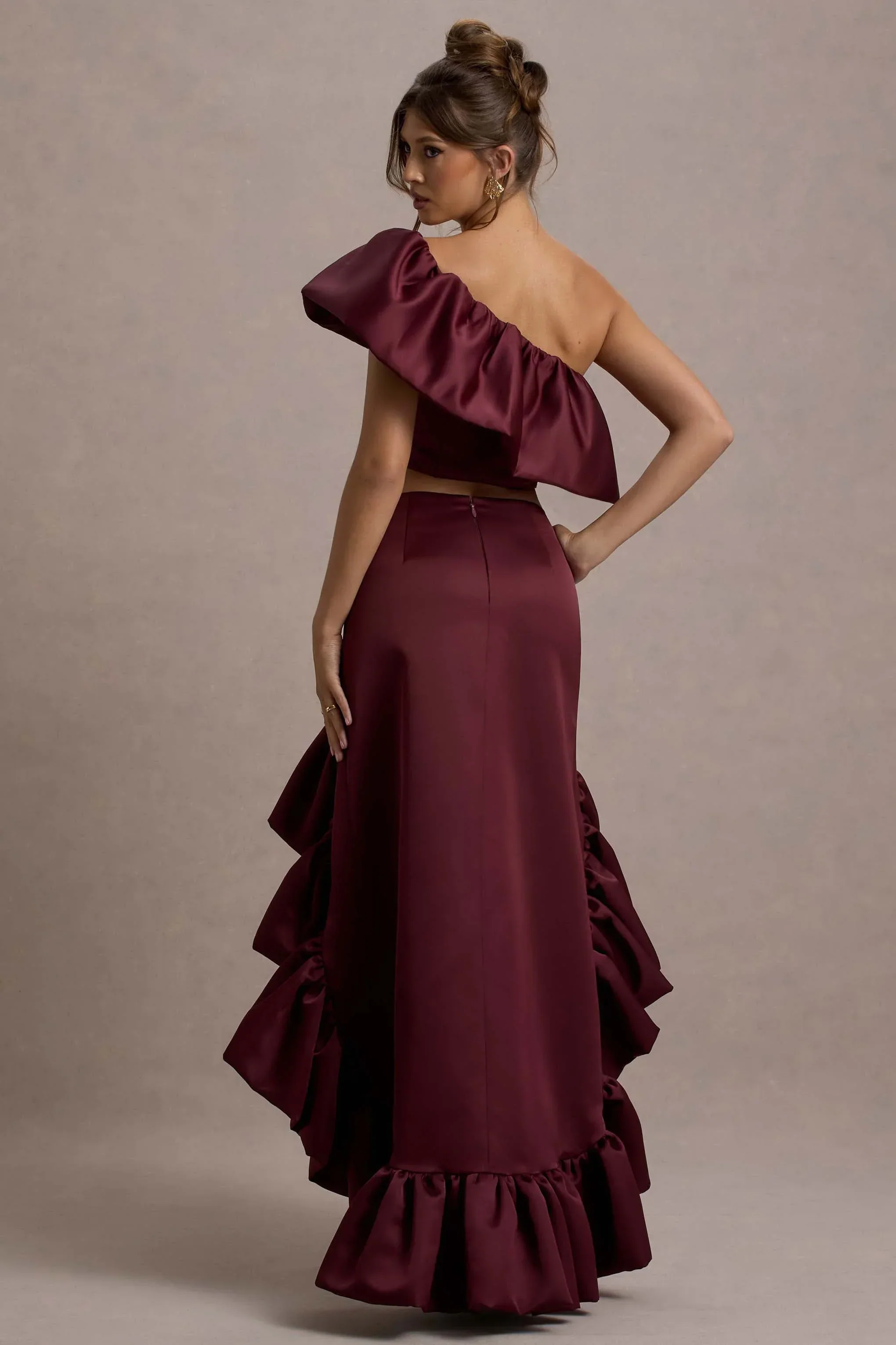 Sandie | Merlot Satin Bardot Ruffled Crop Top