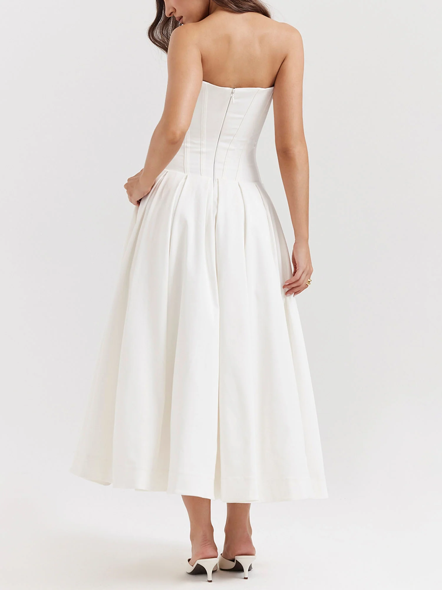 White Strapless Fit-and-Flare Midi Dress