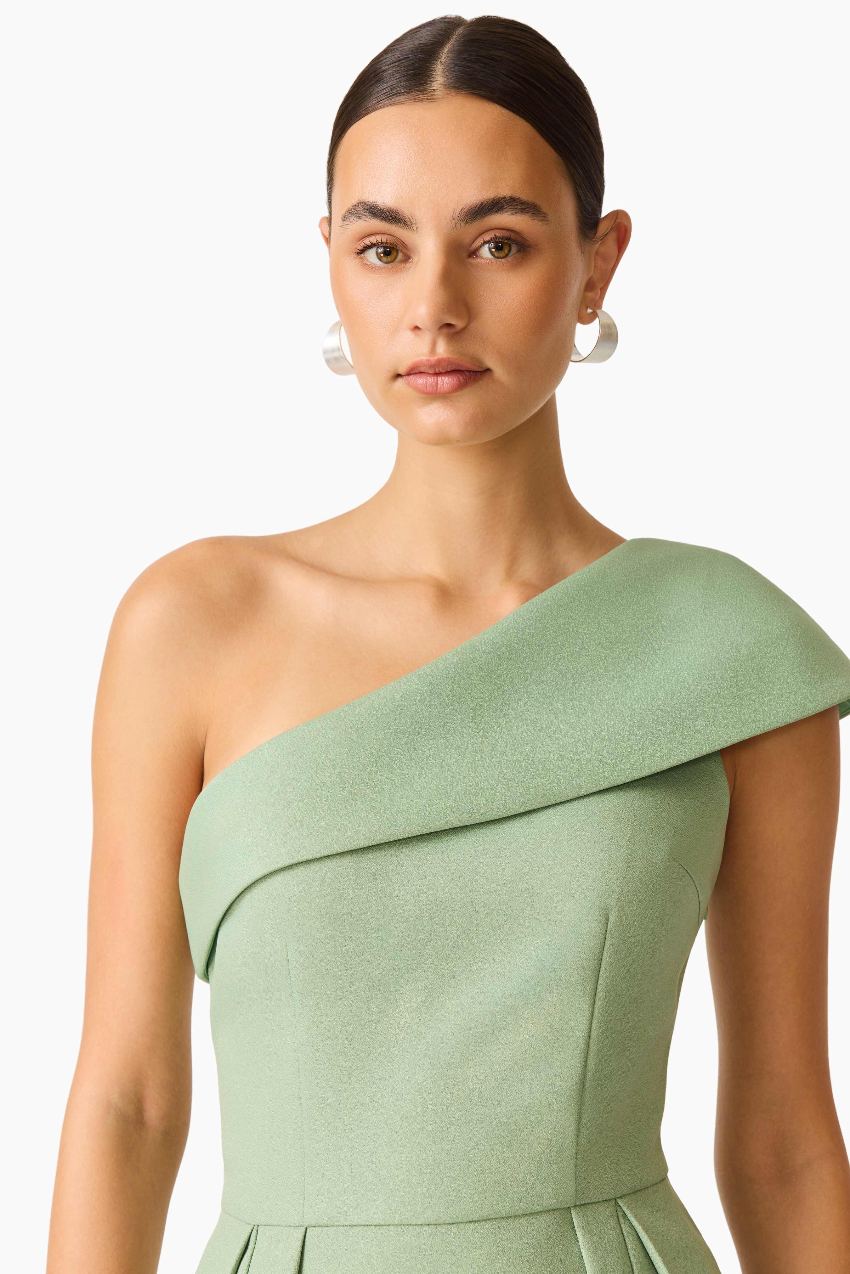 Saphine One Shoulder Gown in Sage Green