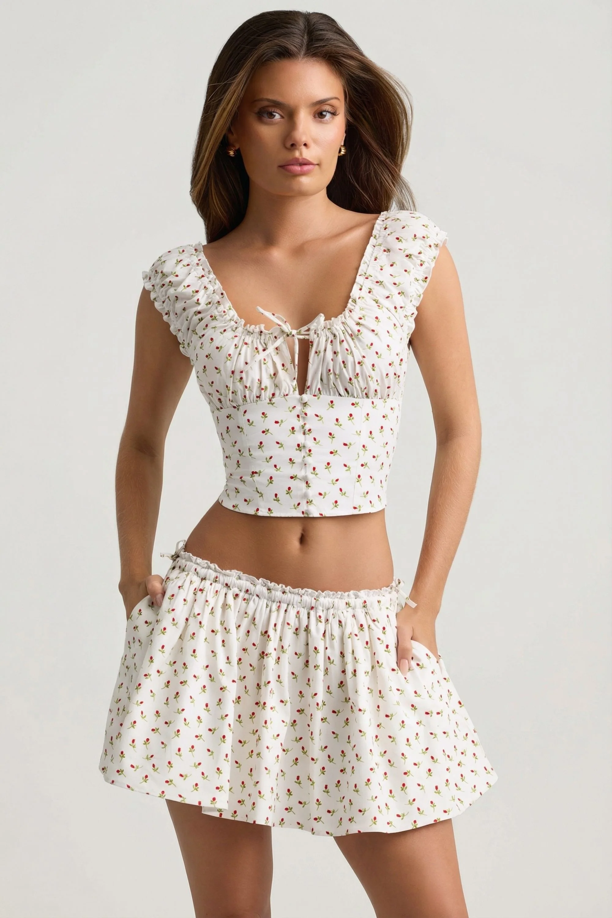 Ruched Cotton-Poplin Mini Skirt in Rose Print