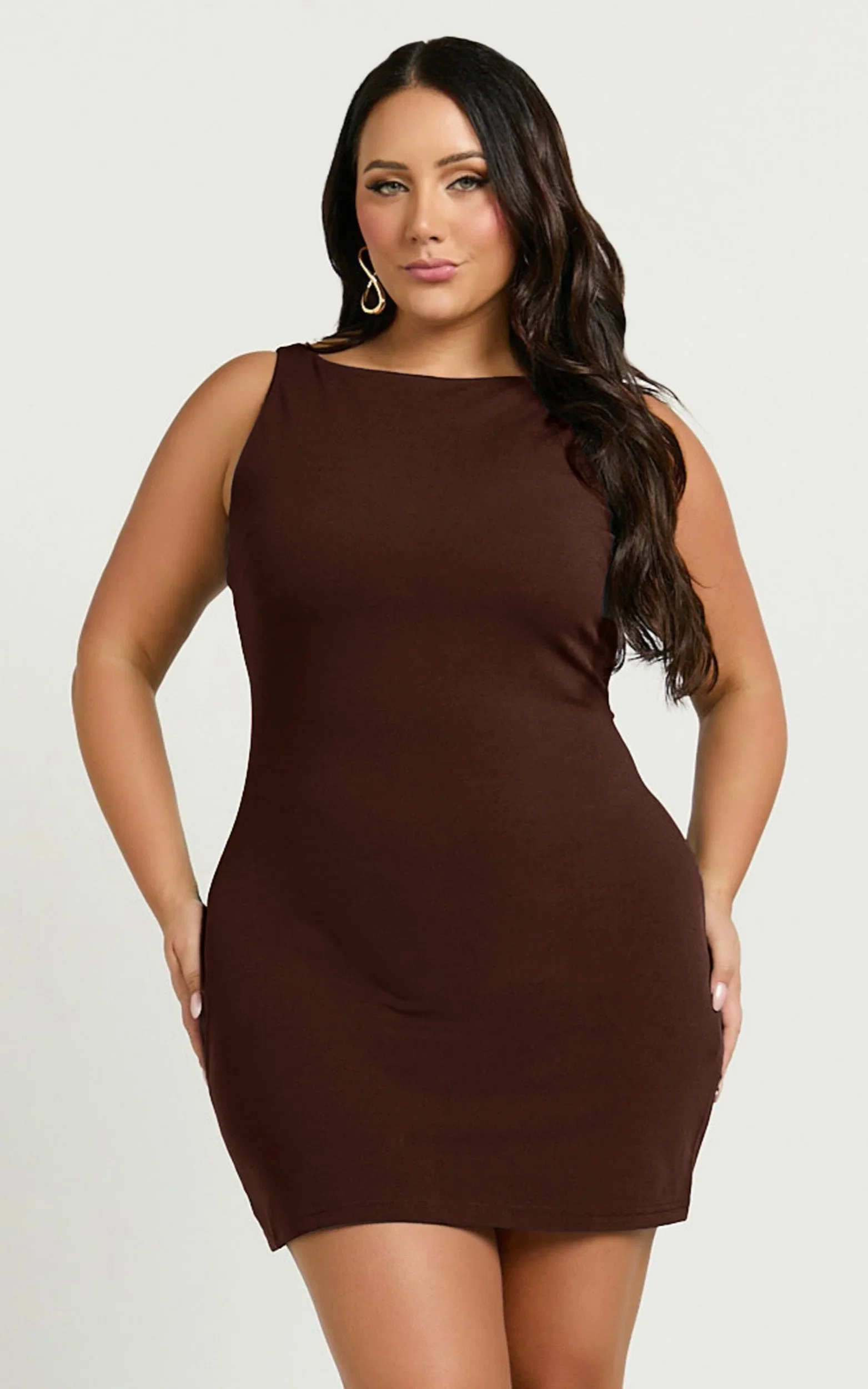 Bindi Boat Neck Bodycon Mini Dress in Chocolate