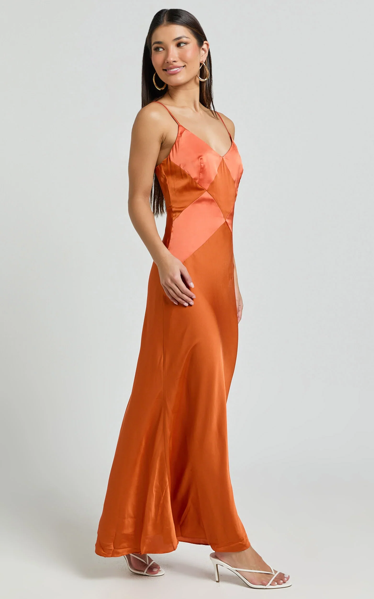Amira Midi Dress - V Neck Sleeveless Slip Dress in Orange