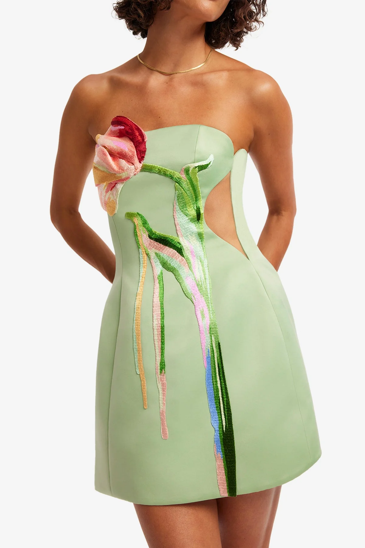 Roselle Cutout Bustier Mini Dress - Tulip Print in Green