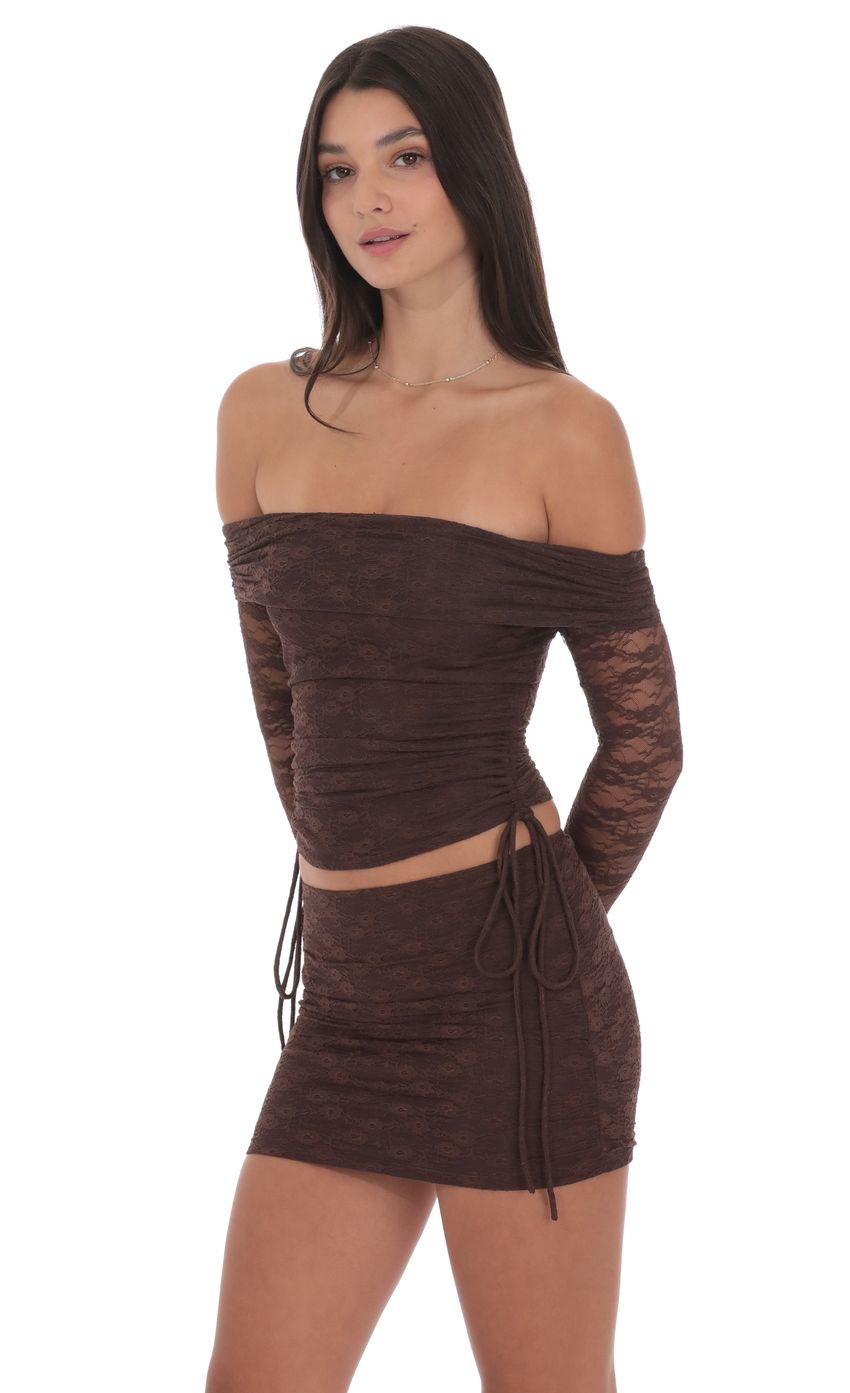 Lace Ruched Mini Skirt in Brown
