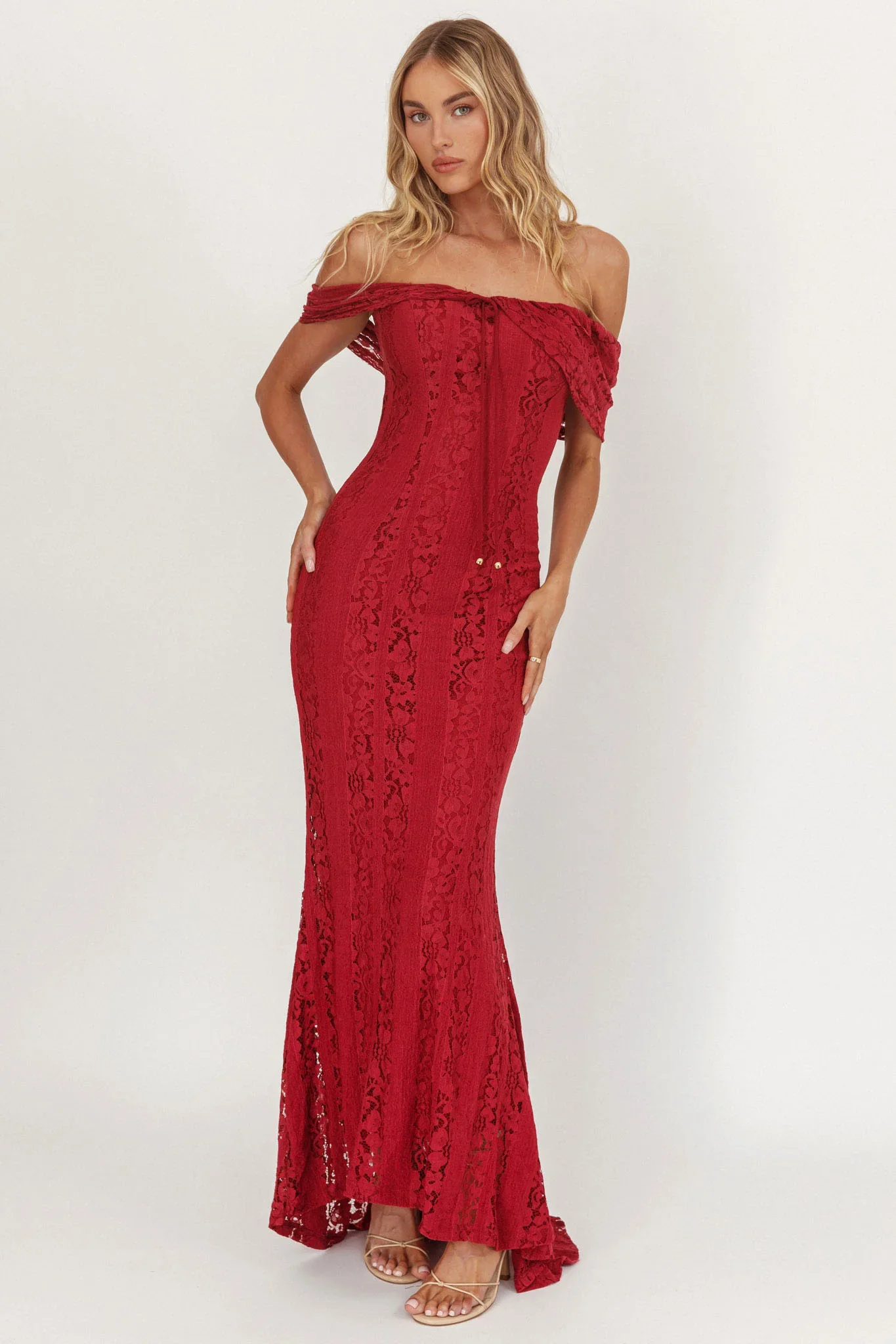 Enigma Off-Shoulder Maxi Dress Lace Wine