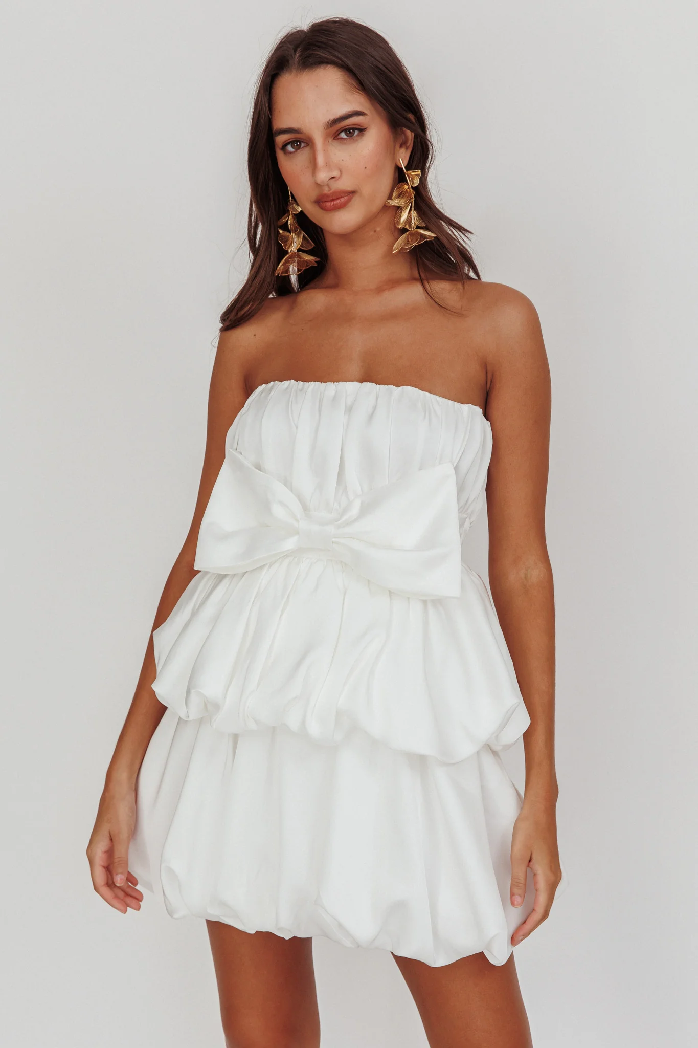 Carmelita Tiered Bubble Bow Mini Dress Off White