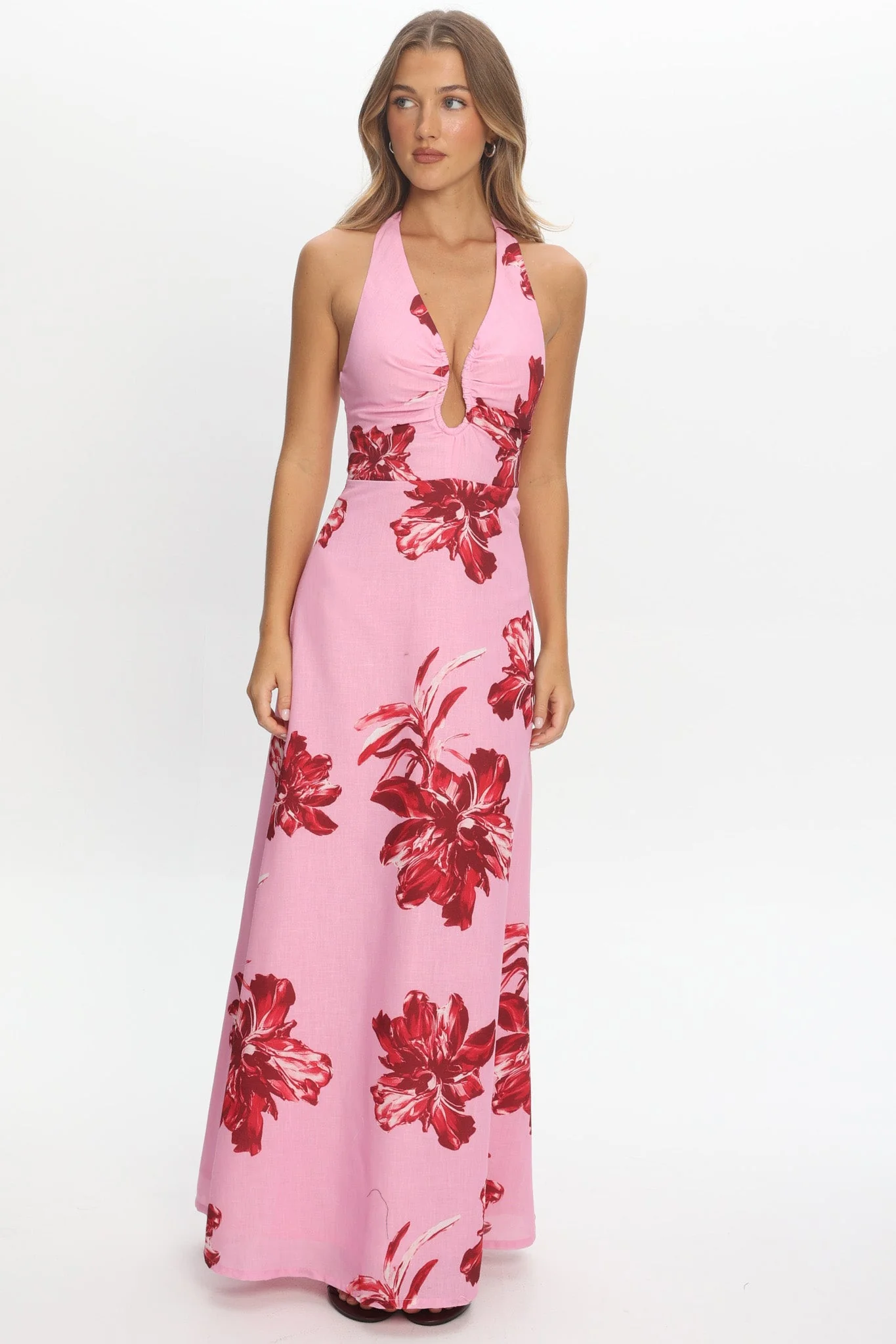 Lioren Plunging Halterneck Maxi Dress Floral Pink