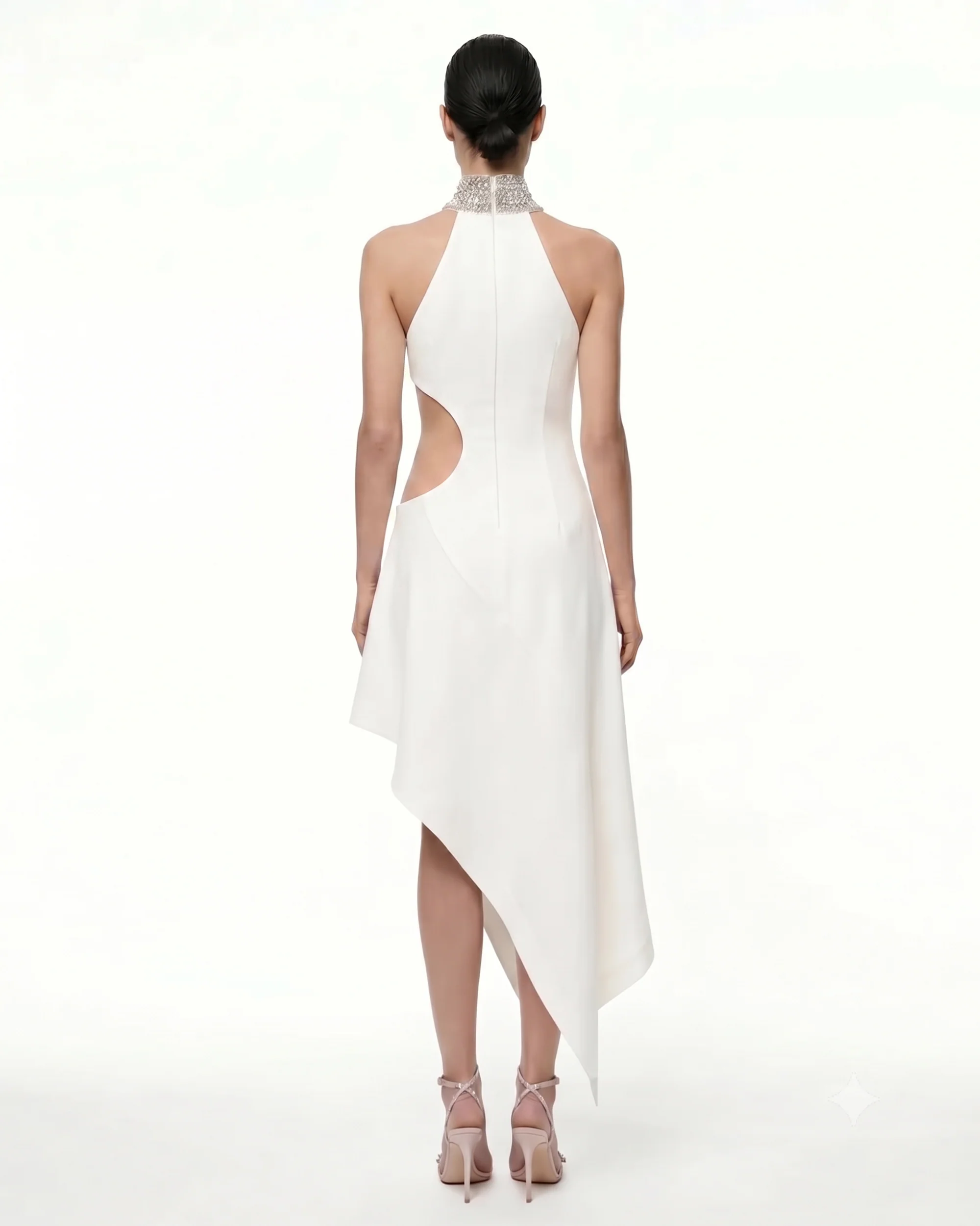 Jeweled Floral Cutout High Neck Dress - White - FASHION NOB