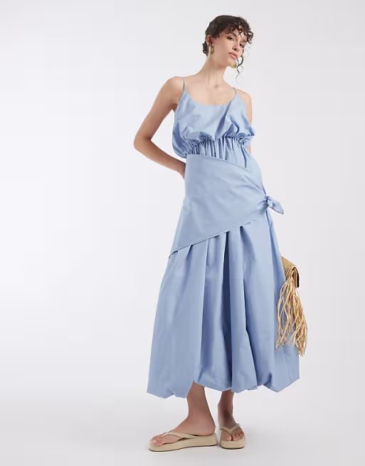 poplin puff sleeve midi dress with cinched scarf waist detail in steel blue