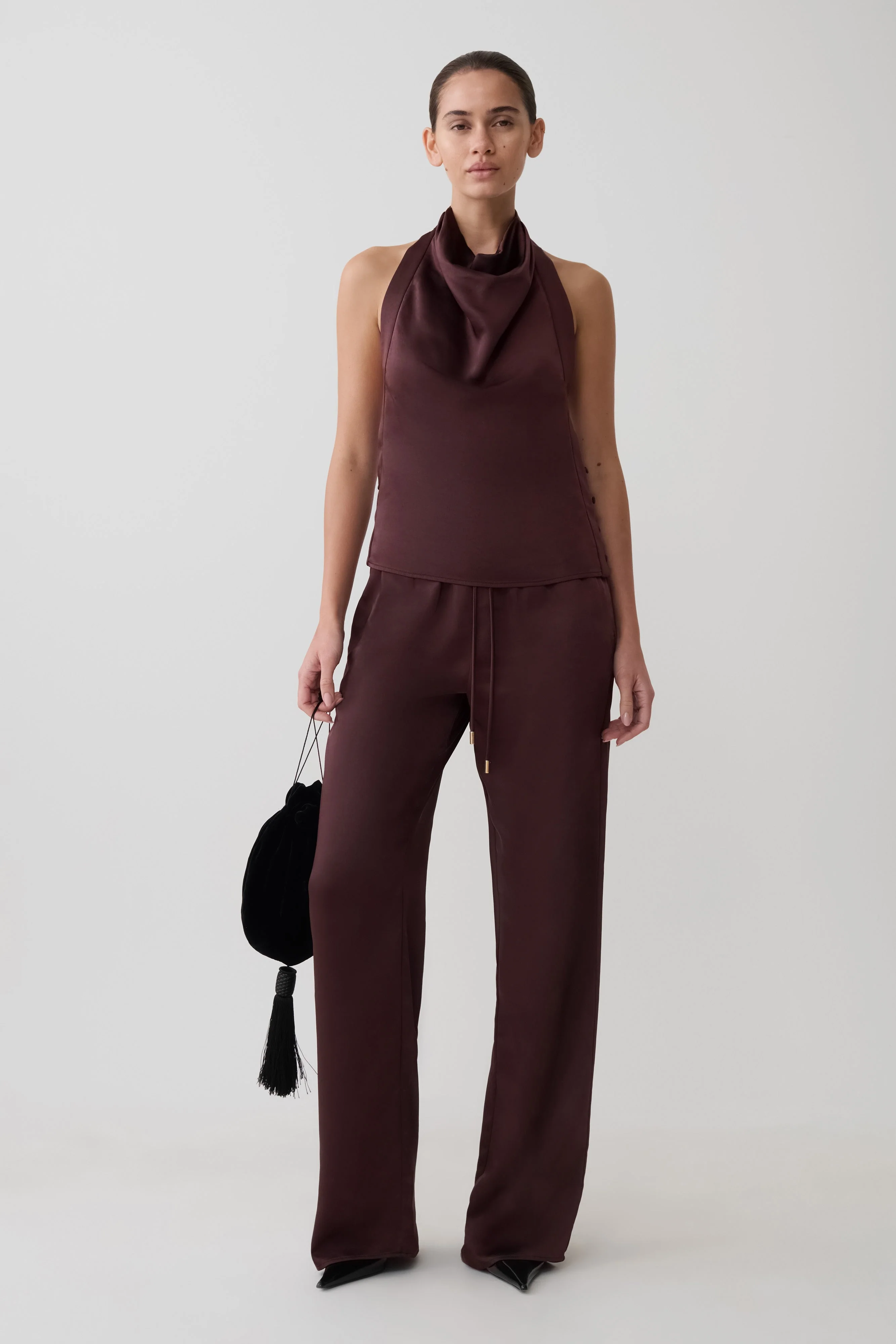 Danica Straight Leg Satin Pants - Mahogany