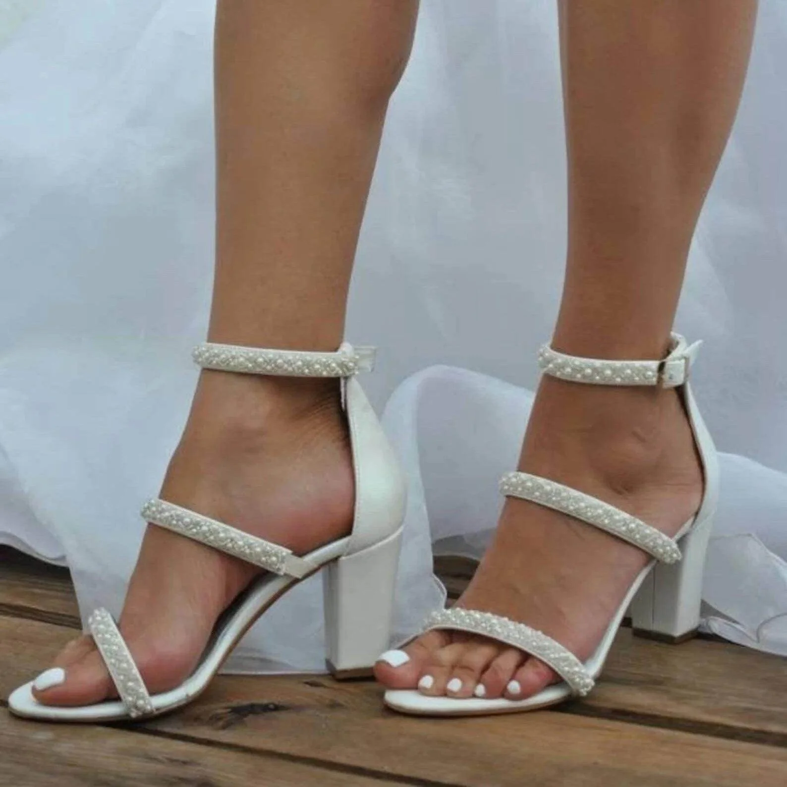 White Pearl Ankle Strap Round Block Heel Sandals 709269474640