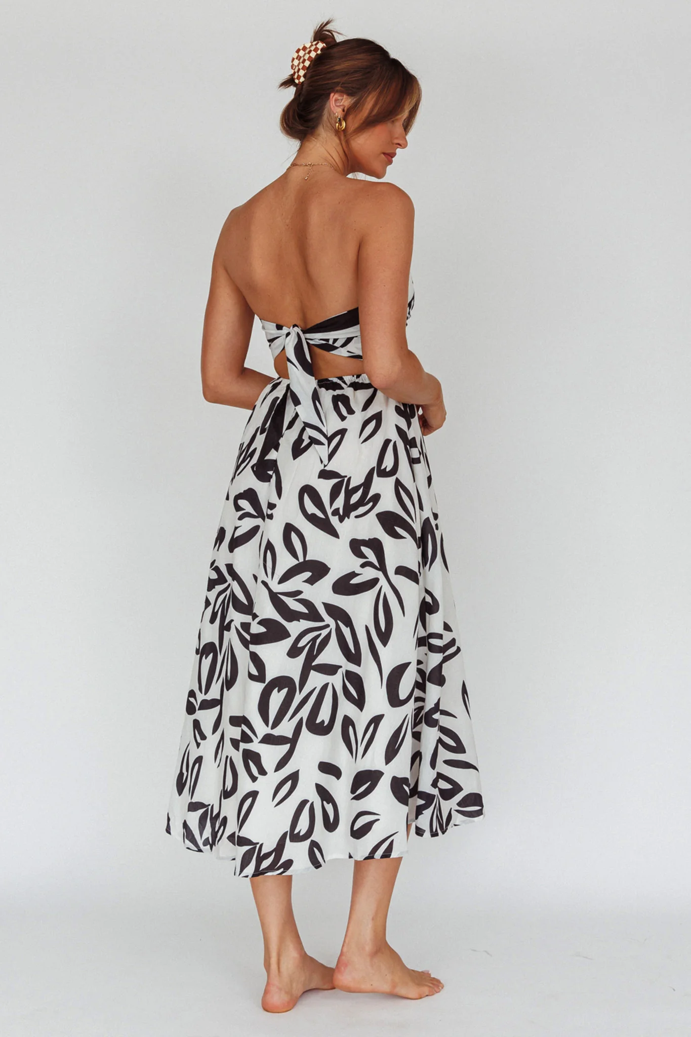 Randi Tie-Back Maxi Dress Leaf Print Beige