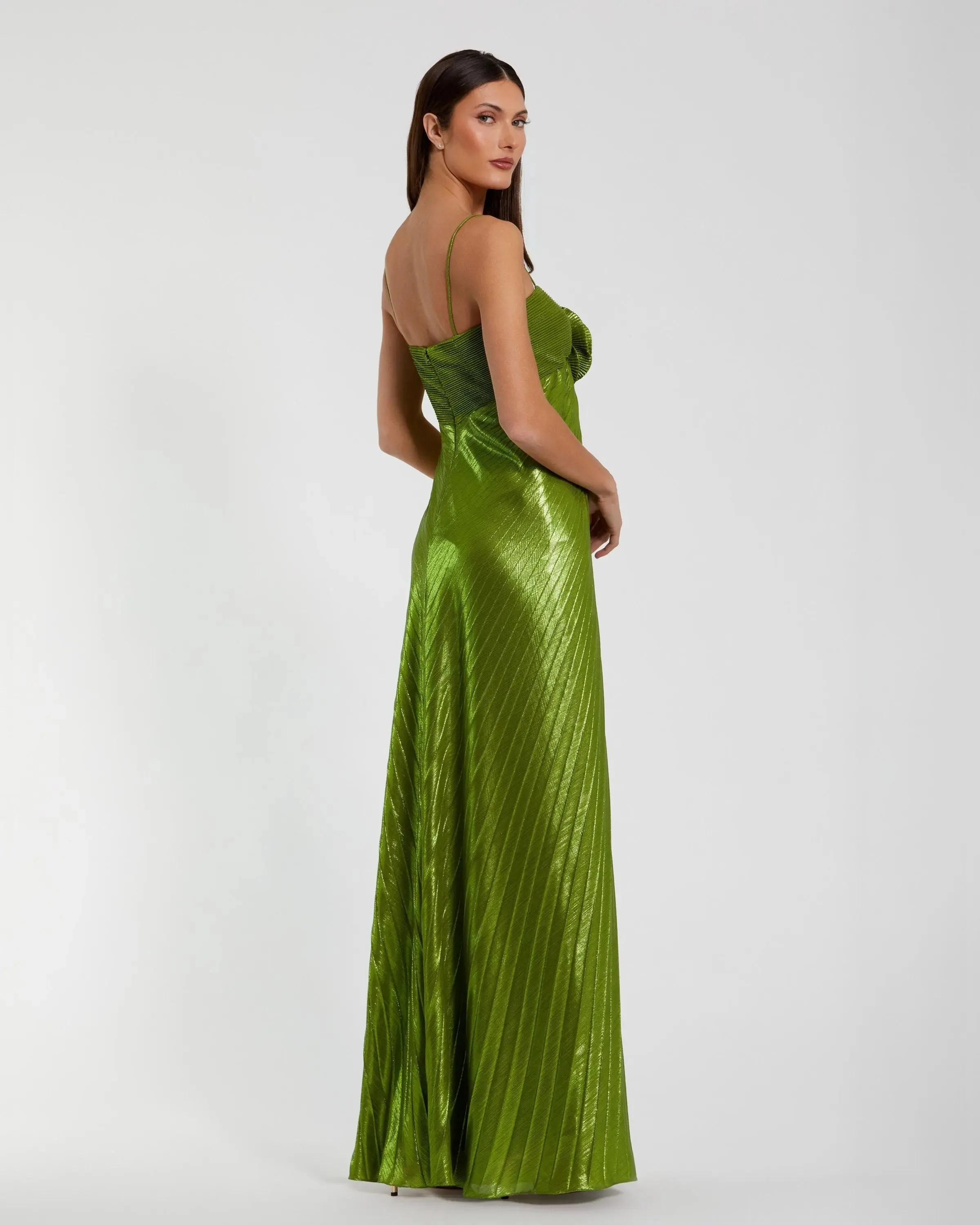 Green Metallic Pleated Gown With 3D Flower