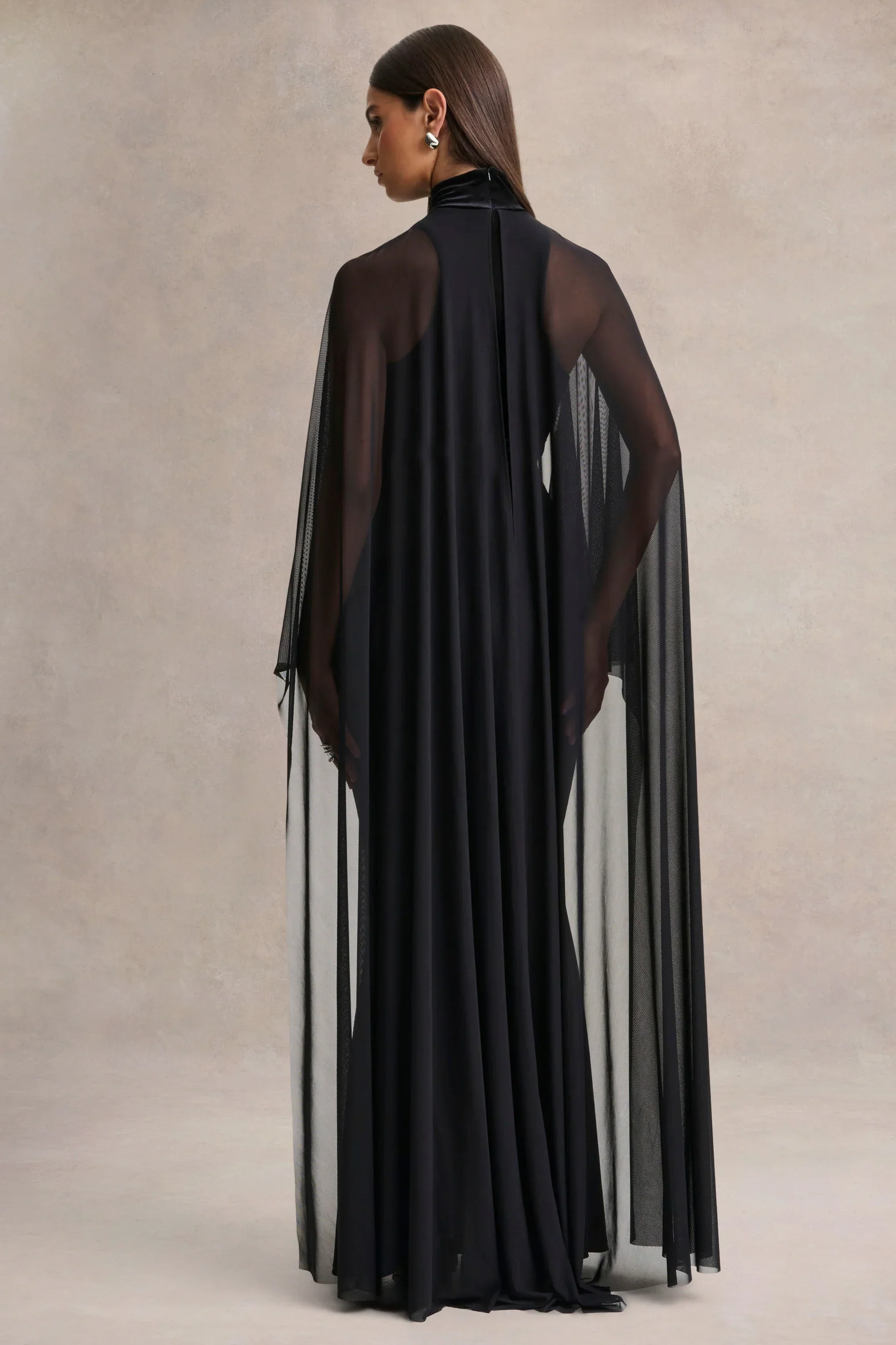 Adoring | Black Velvet High-Neck Maxi Dress With Cape