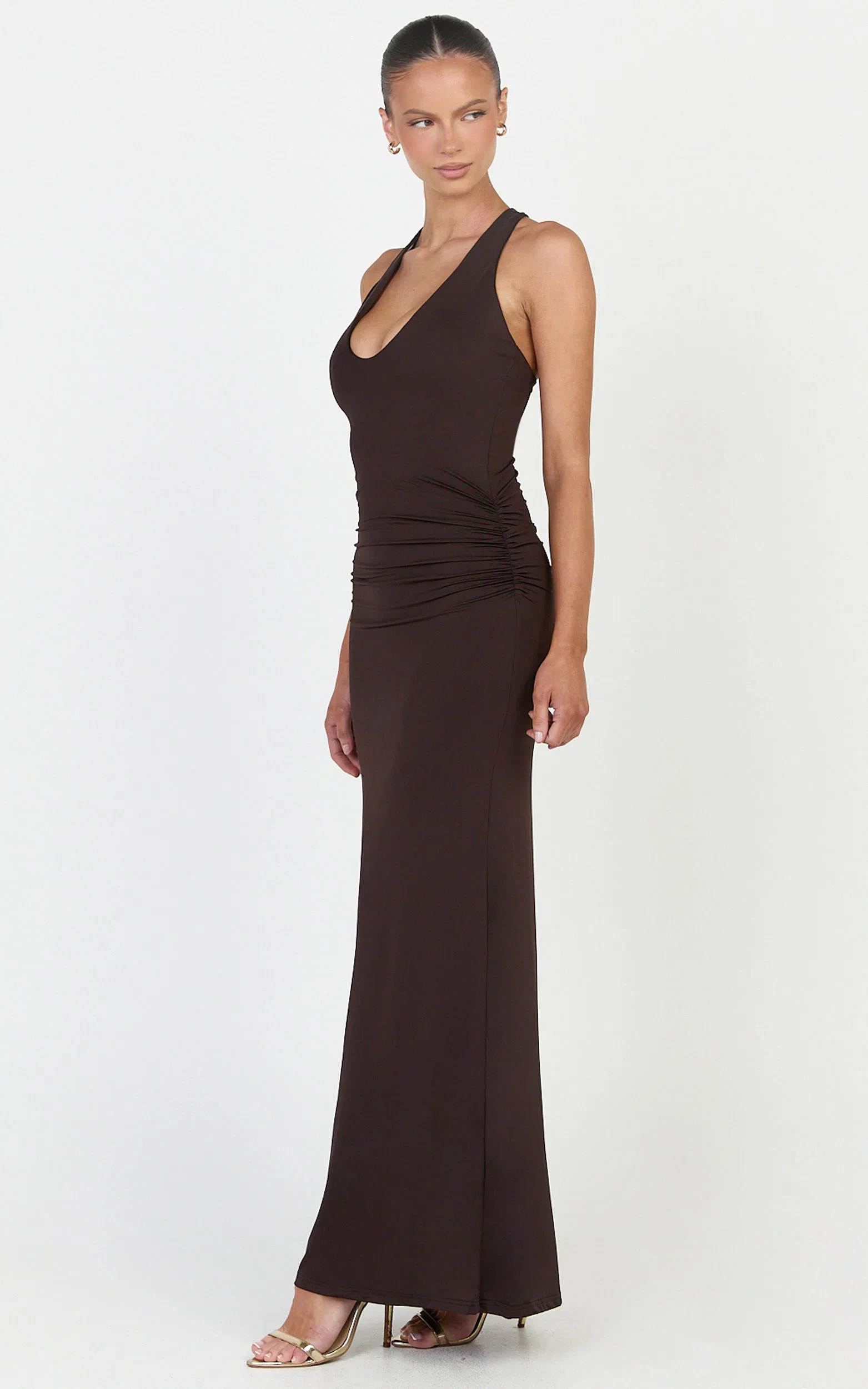 Sophie Maxi Dress - Plunge Neckline Ruched Waist Racer Back Dress in Chocolate