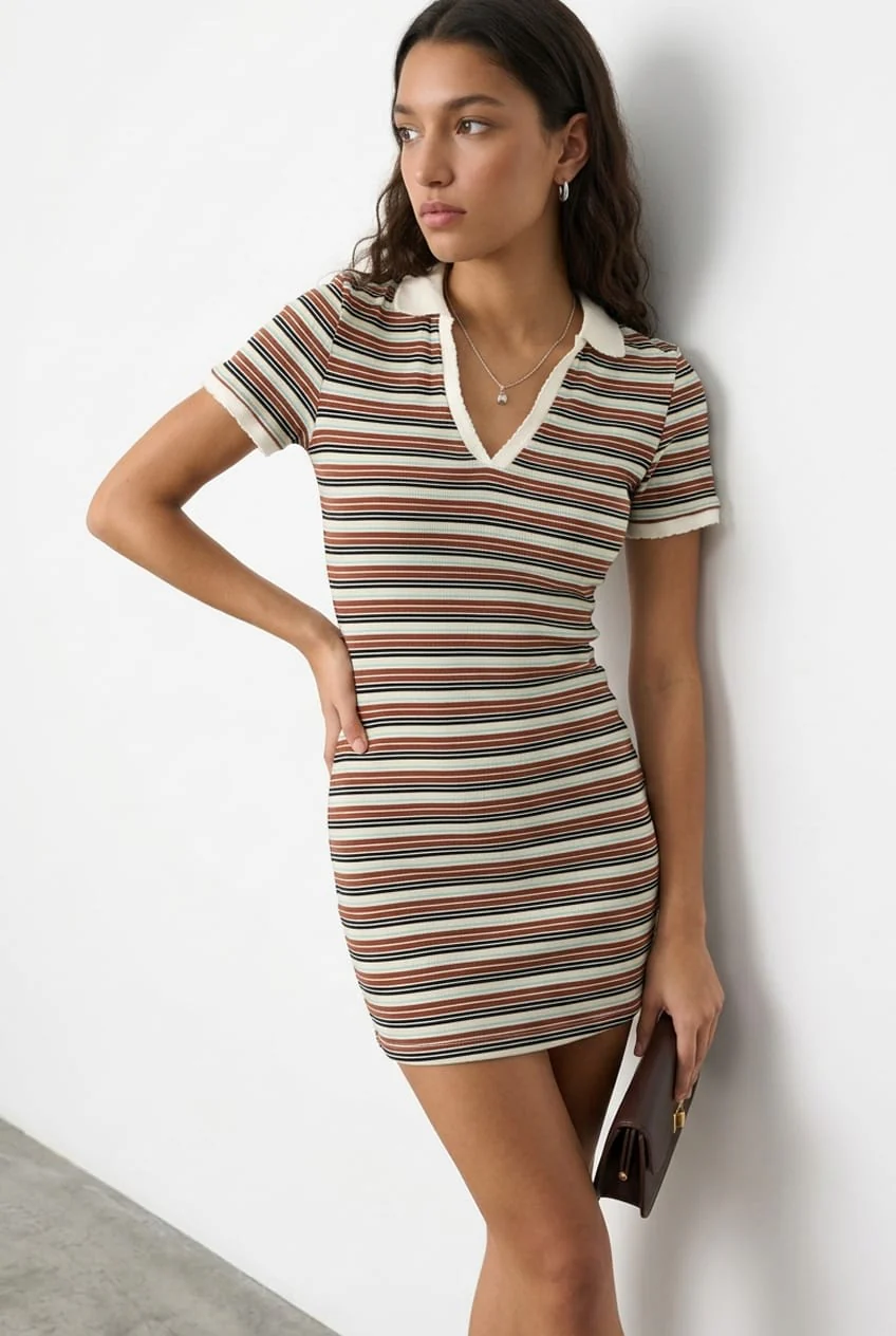 Multi Stripe Contrast Collar Short Sleeve Mini Dress
