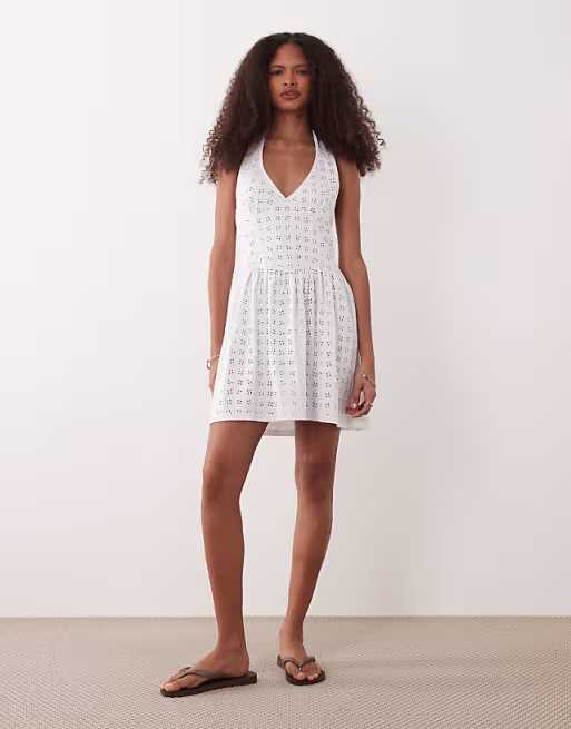 Miss Selfridge broderie halterneck corset mini dress in cream