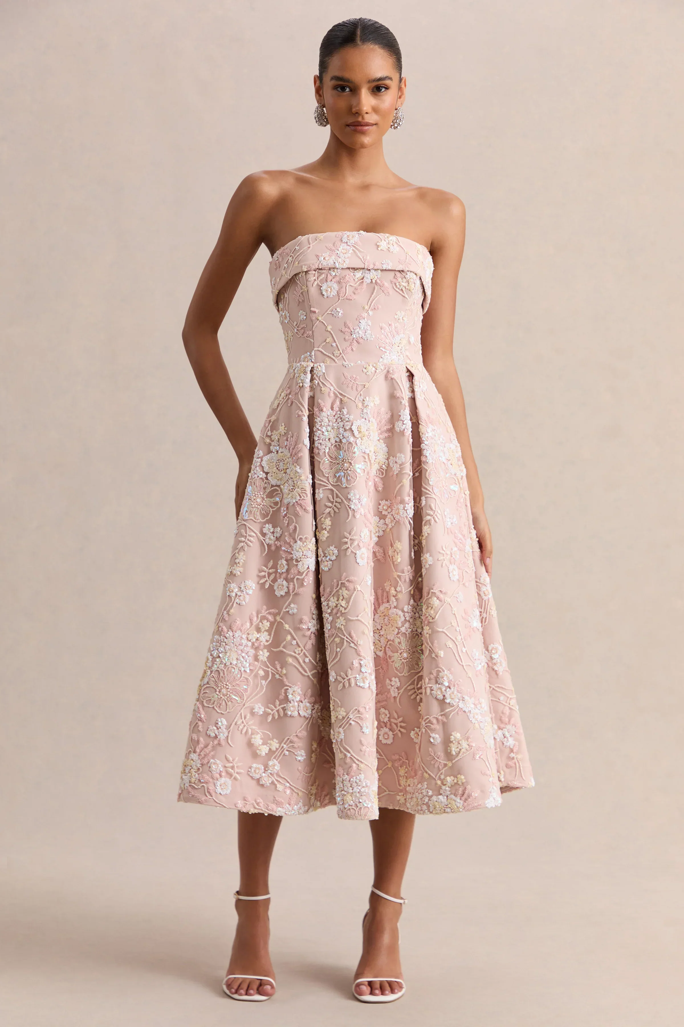 Amaris | Pink Embellished Floral Bandeau Skater Midi Dress