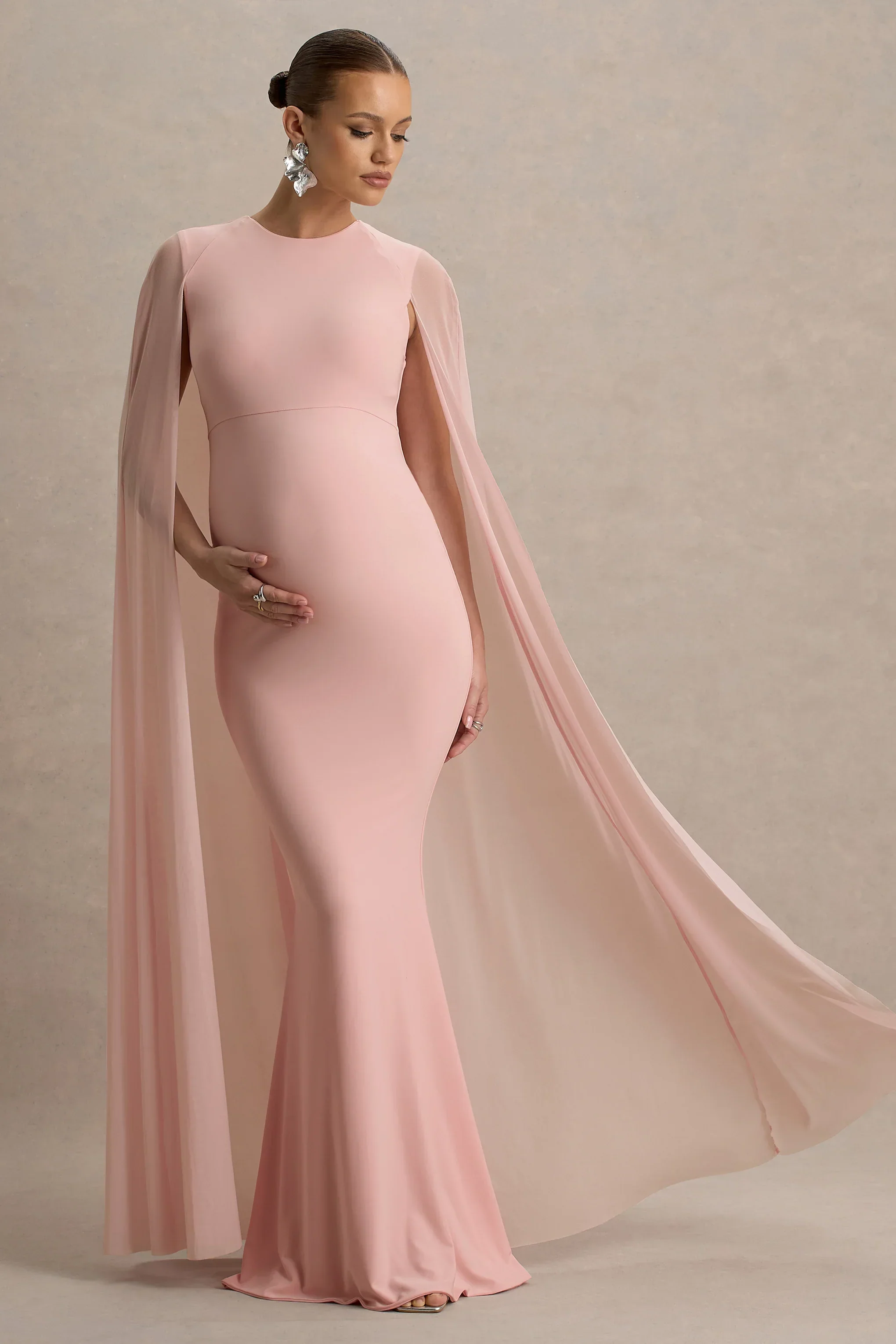 Currant | Pink Crew-Neck Maternity Maxi Dress With Cape