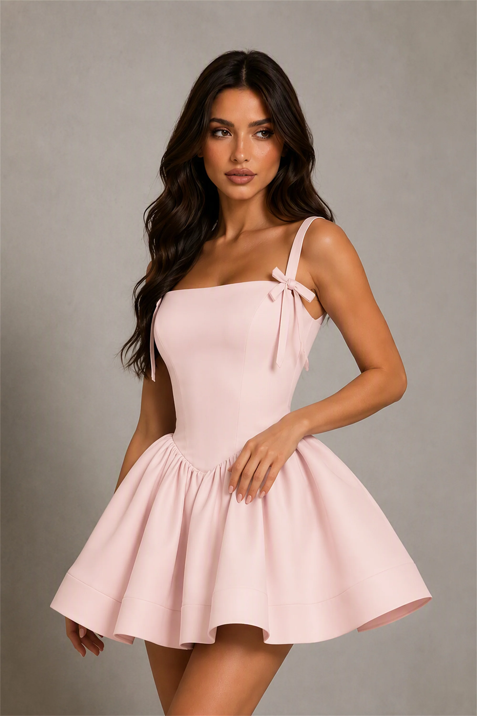 BOLODOO Baby Blush Pink Satin Square Neck Bow Strap Lace-Up Back Bubble Mini Dress | Cocktail Party Date Night Dress
