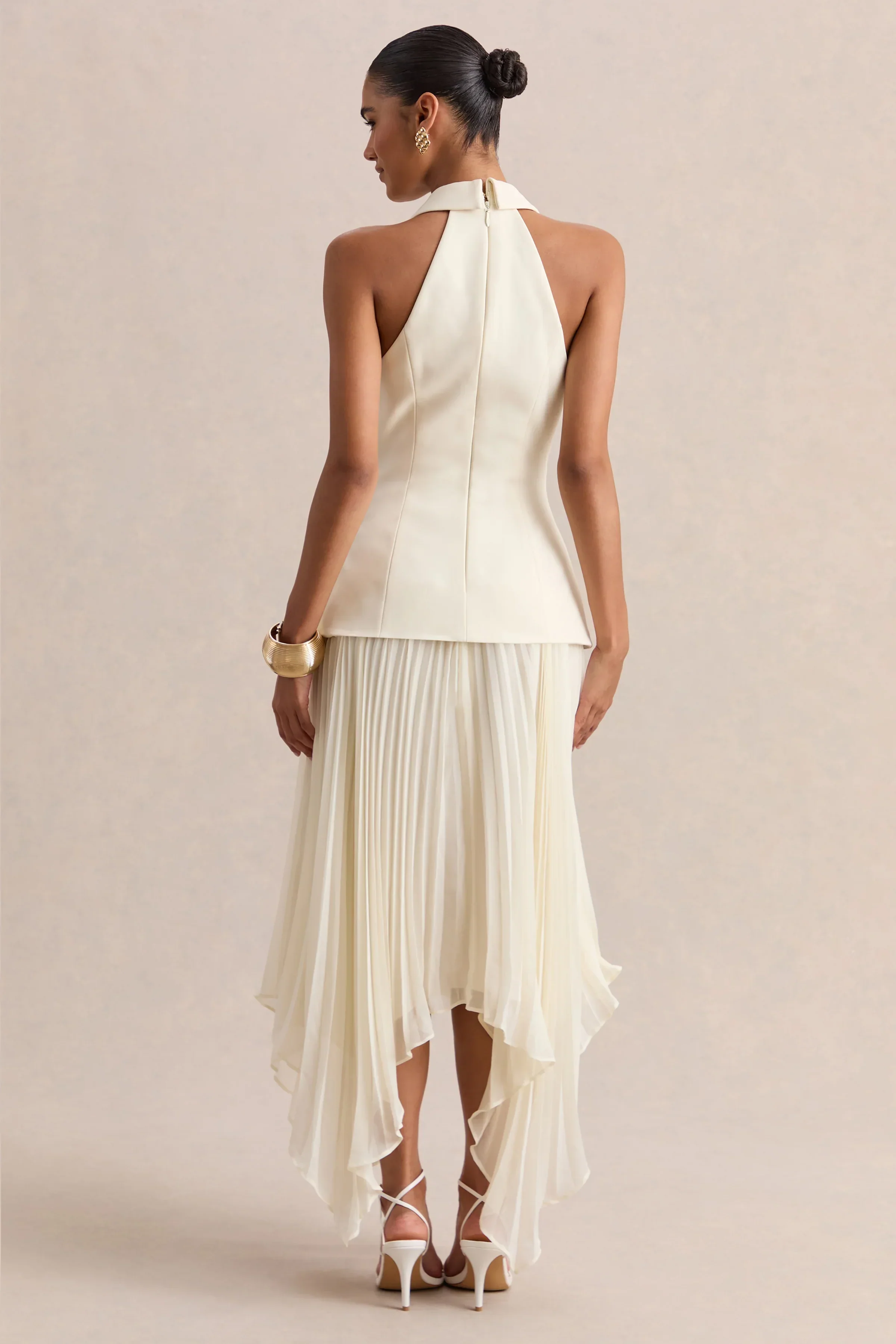 Marvelle | Cream Plunge-Neck Maxi Dress With Hanky Hem