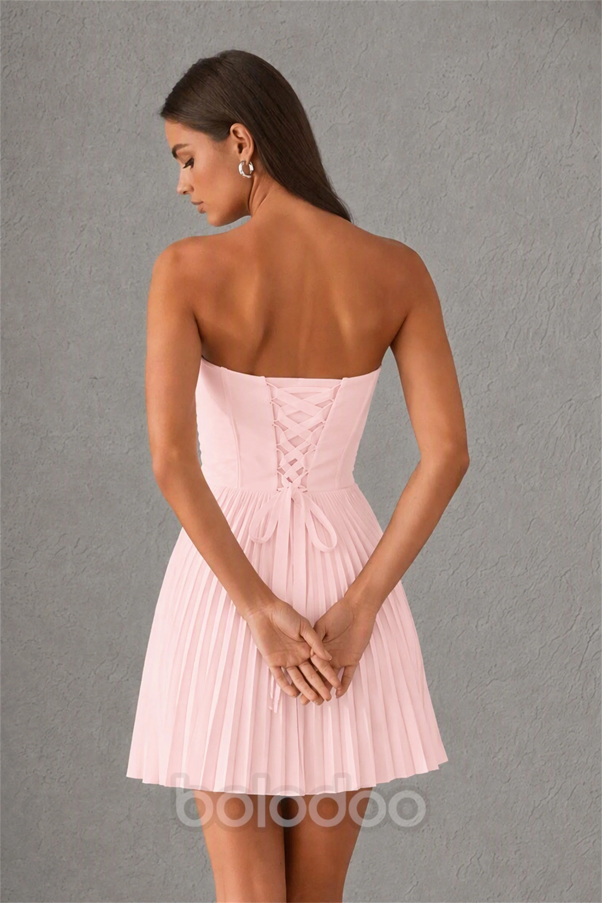BOLODOO Blush Pink Strapless Sweetheart Pleated Corset Mini Dress with Lace-Up Back