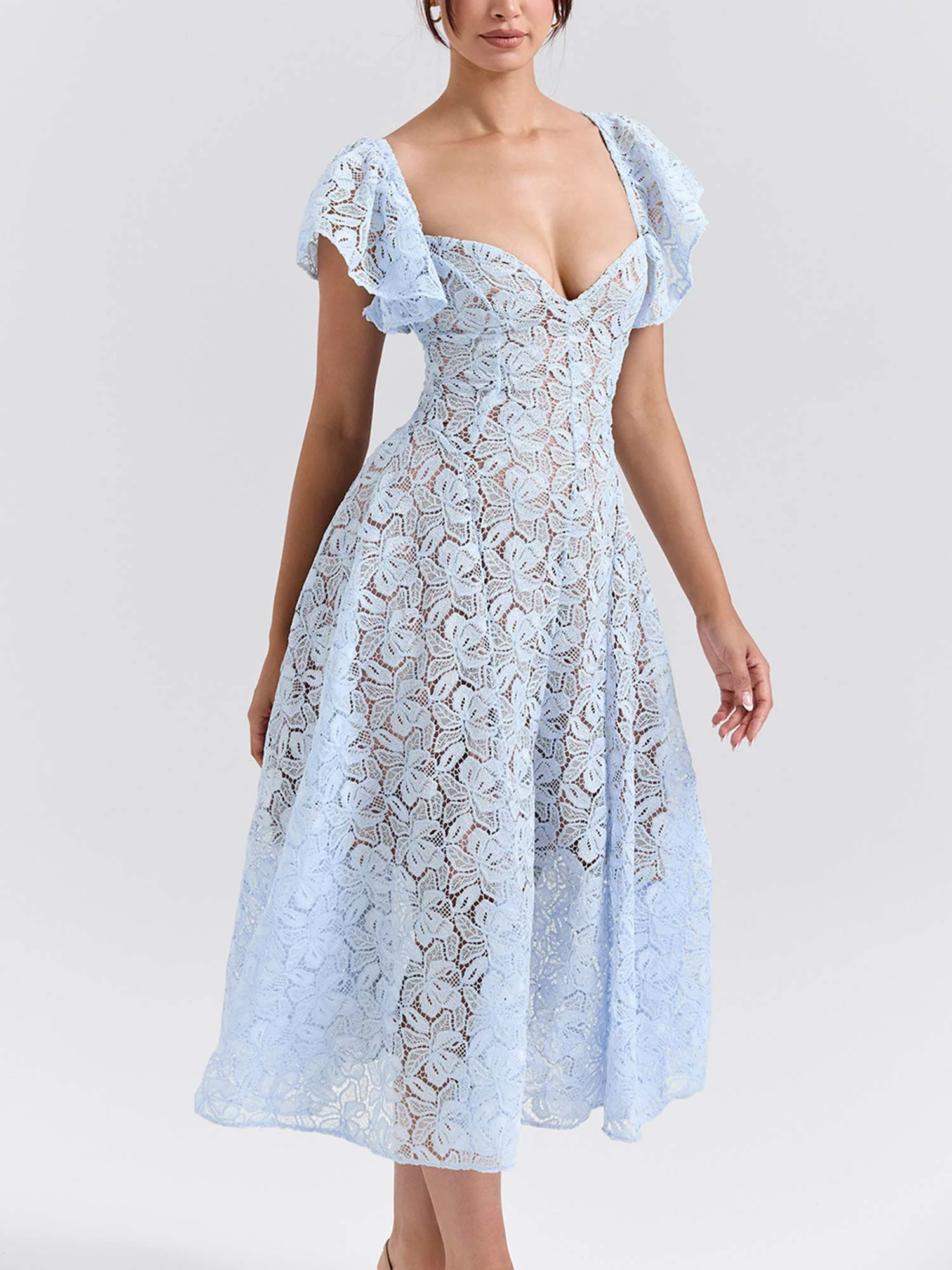 Lace Midi Dress with Flutter Sleeves