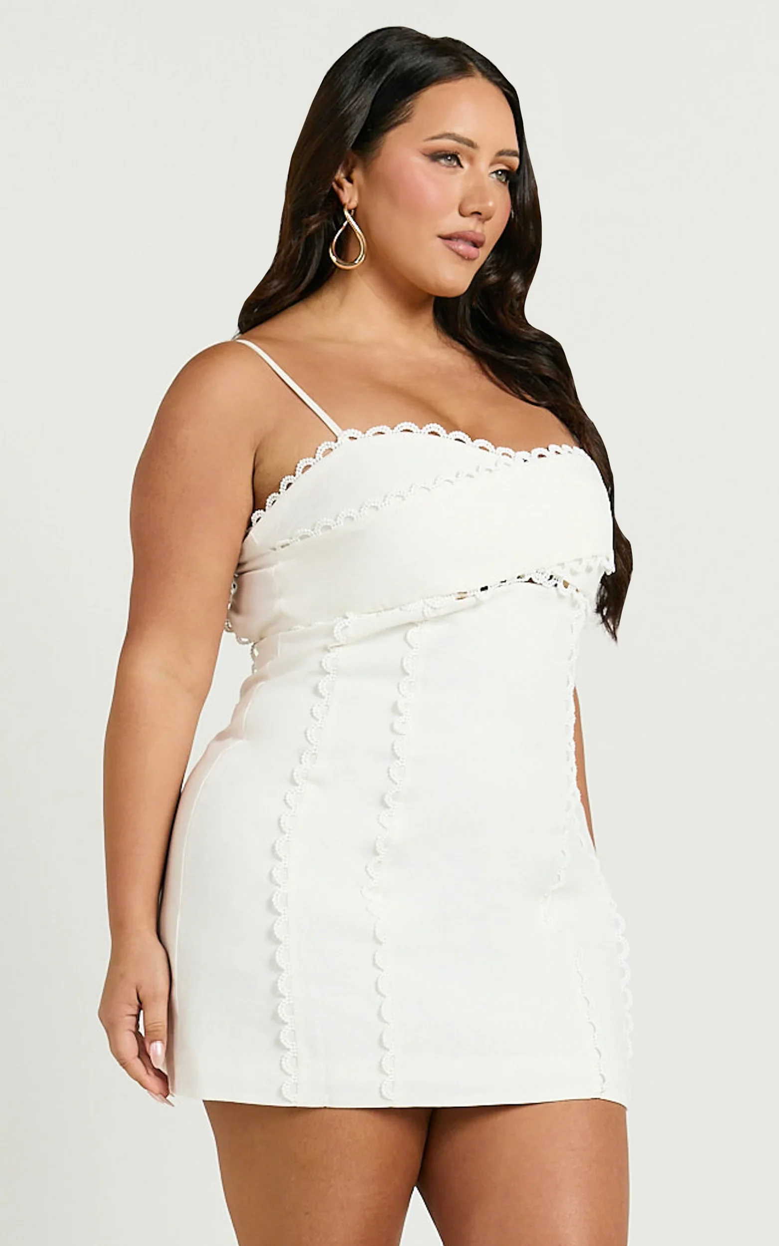 Gigi Mini Linen Blend Dress Sweetheart Tie Back Scallop Detail Dress in Off White - luluinthesky