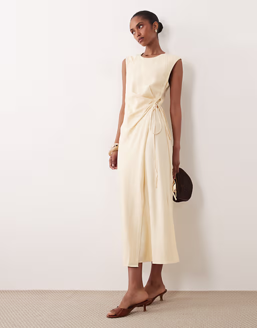 Mango linen mix tie waist sleeveless midi dress in butter yellow
