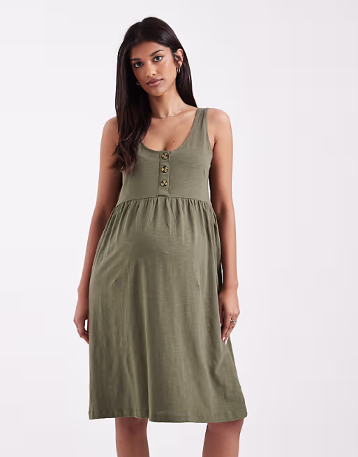 Mamalicious Maternity 2 function nursing button up mini sundress in dark khaki