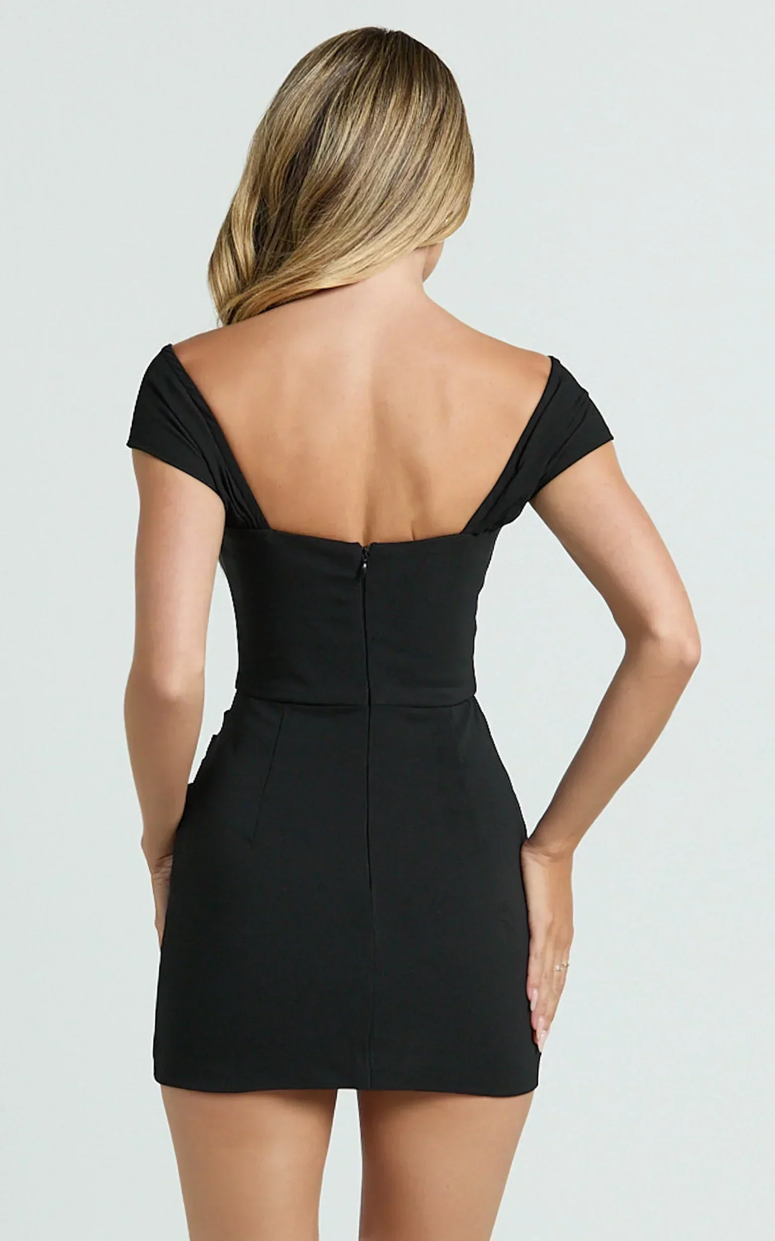 Veronika Mini Dress Off Shoulder Plunge Fit And Flare Dress in Black