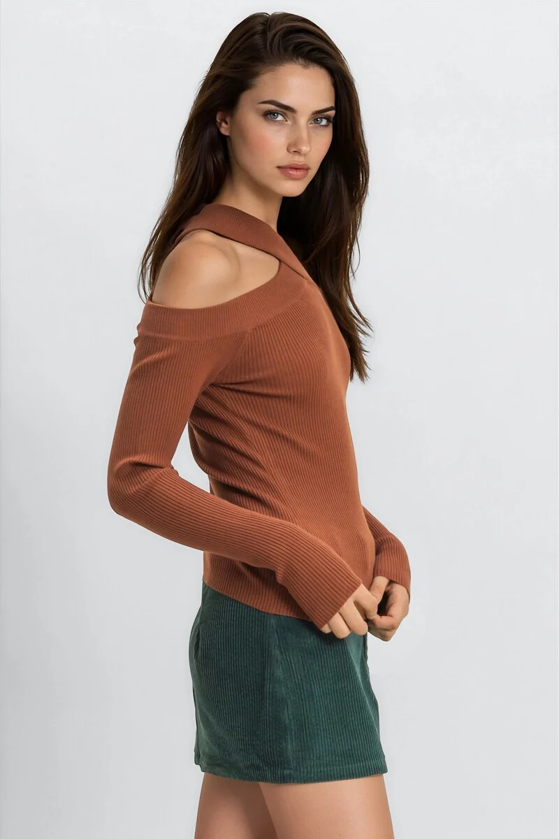 Ribbed Off-The-Shoulder Halter Sweater-Knit Top