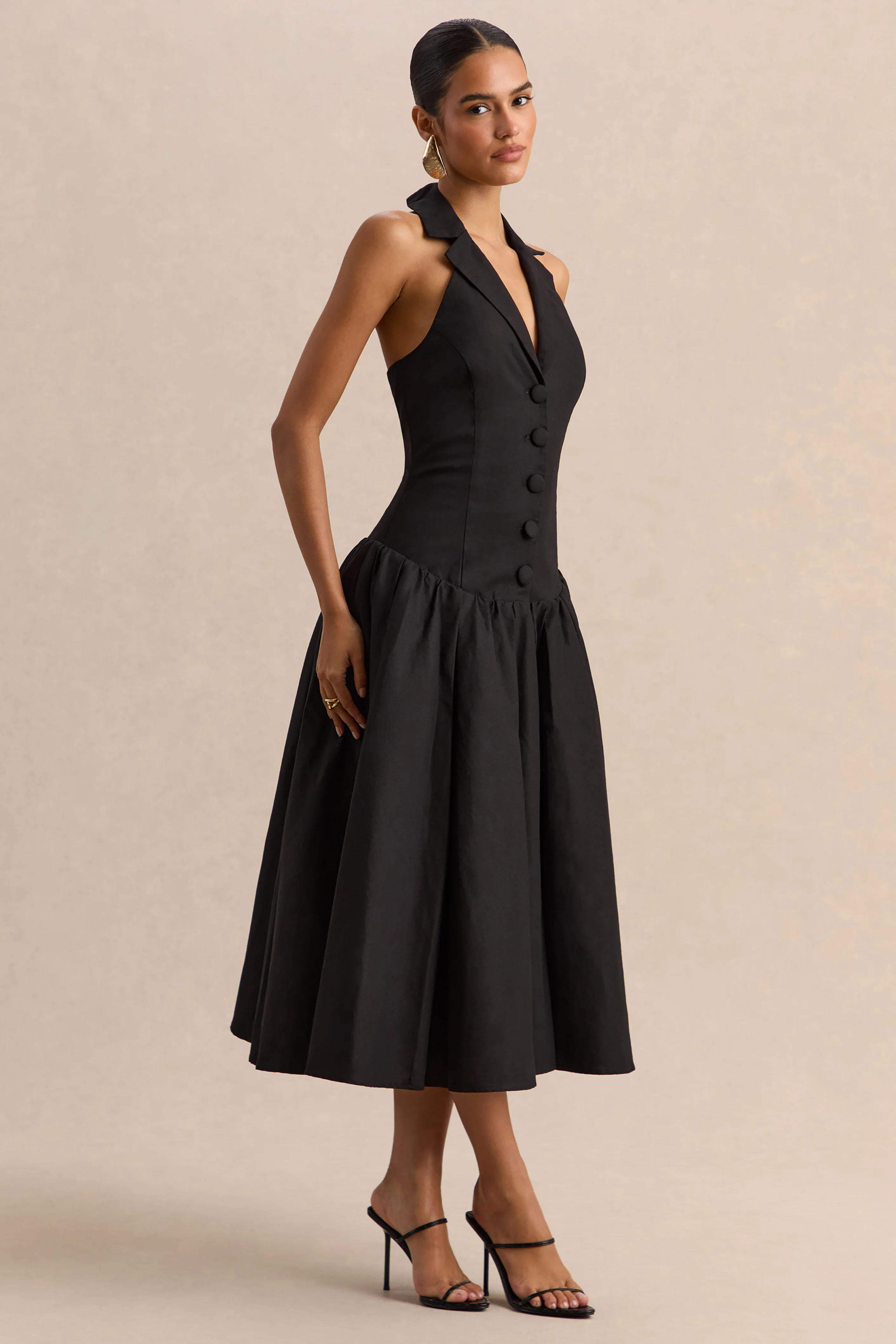Ella | Black Plunge-Neck Midi Dress With Drop-Waist