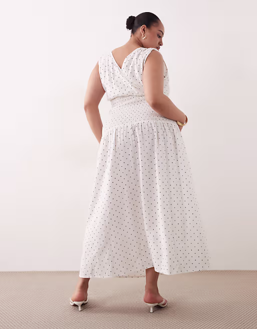 Esmée Curve mid waist shirred maxi beach dress in white & black polka dot