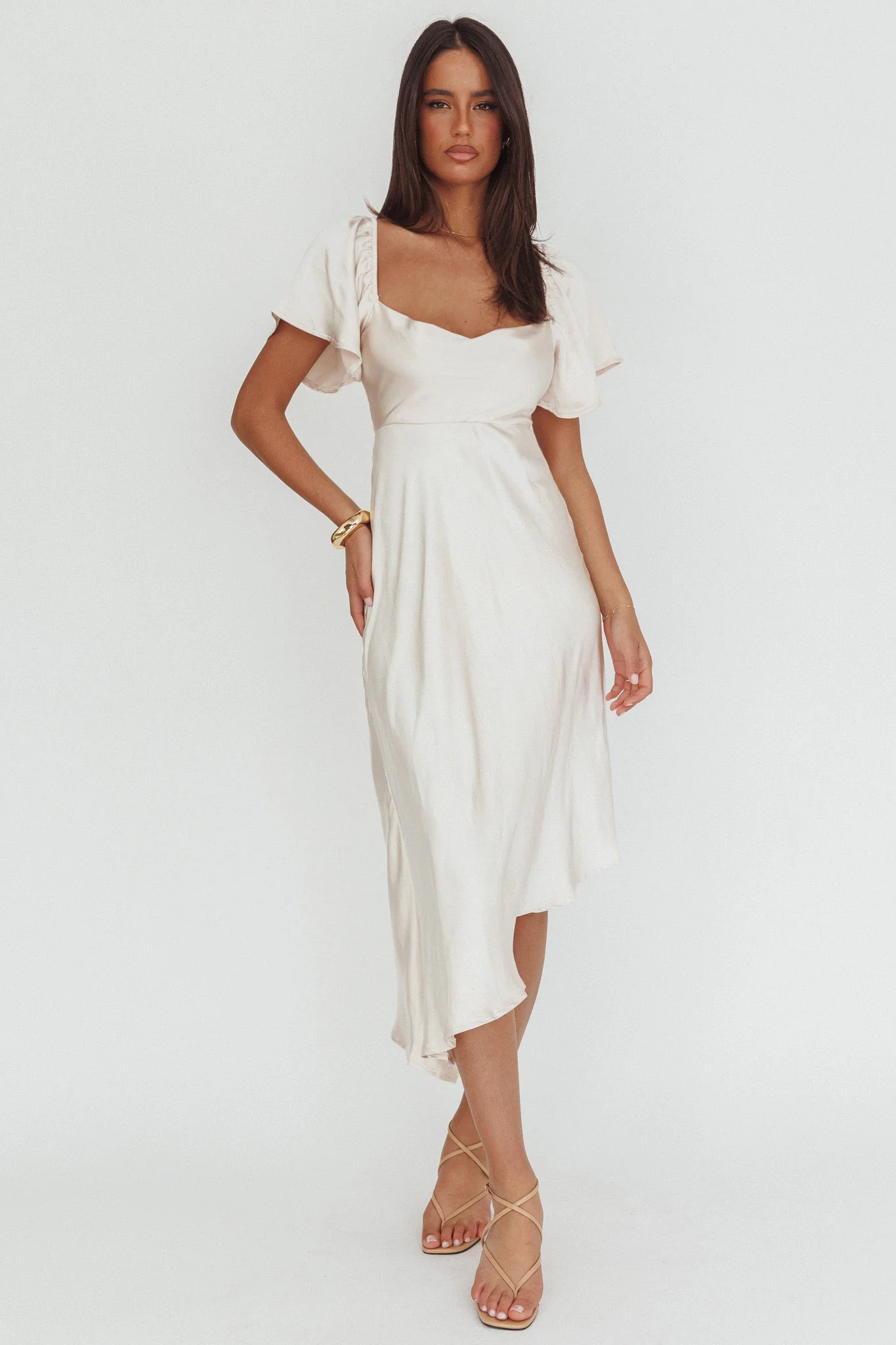 Grayson Tied Back Asymmetrical Midi Dress Champagne - luluinthesky
