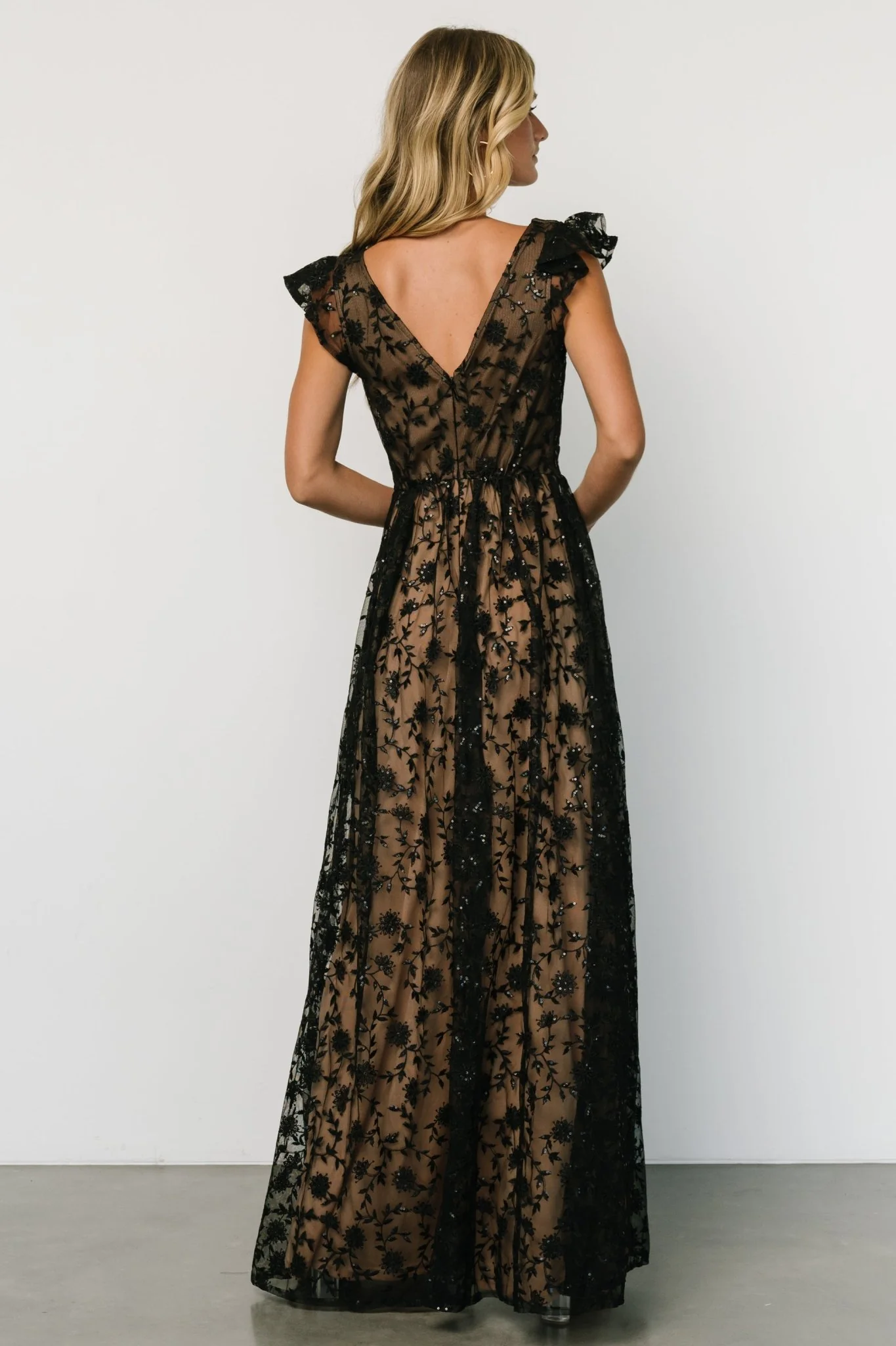 Alexa Embroidered Sequin Maxi Dress | Black + Nude - luluinthesky