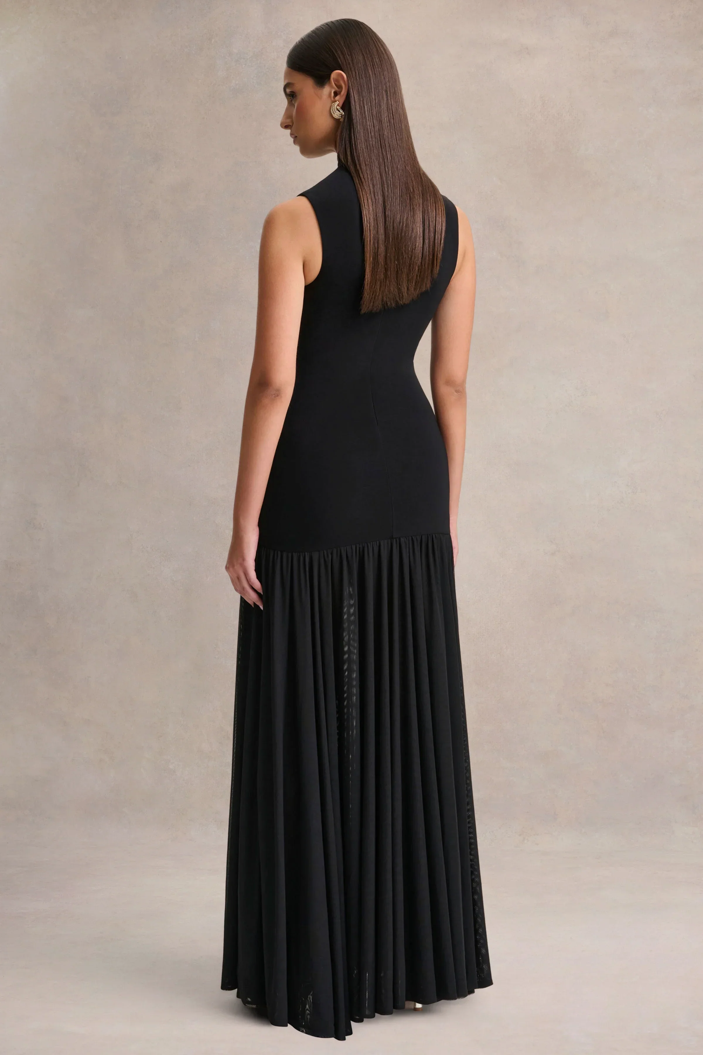Gigi | Black High-Neck Maxi Dress With Drop-Waist And Sheer Skirt