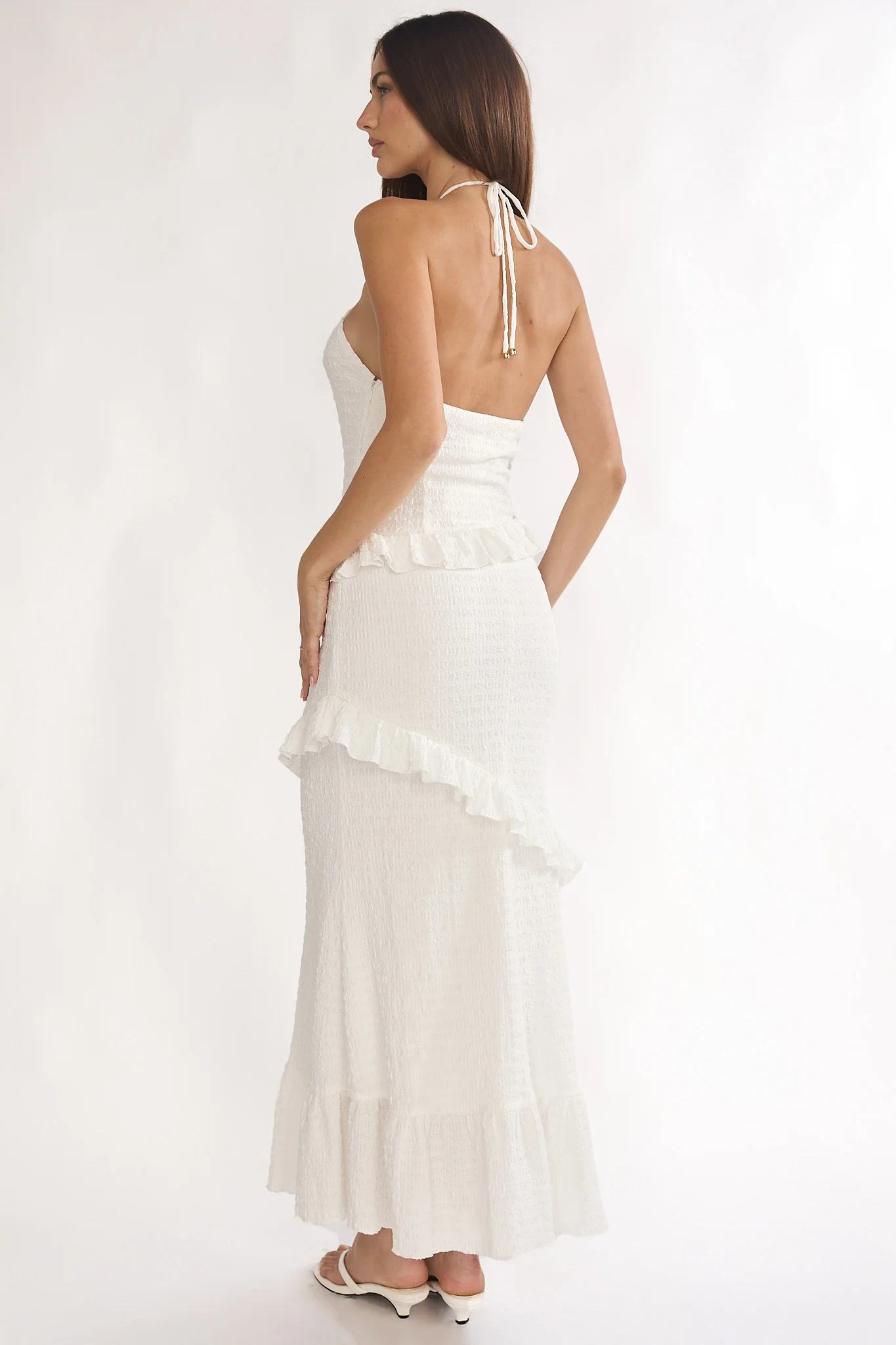 Clemence Smocked Frill Trim Maxi Dress White
