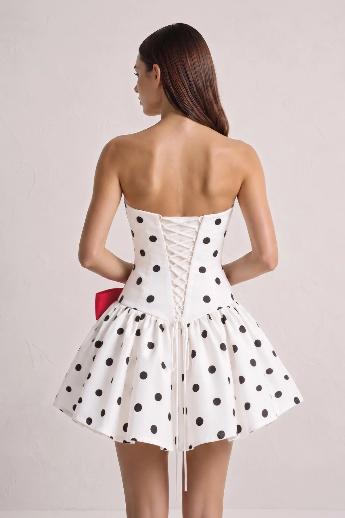 Fuchsia Bowknot A-Line Strapless Polka Dots Satin Homecoming Dress