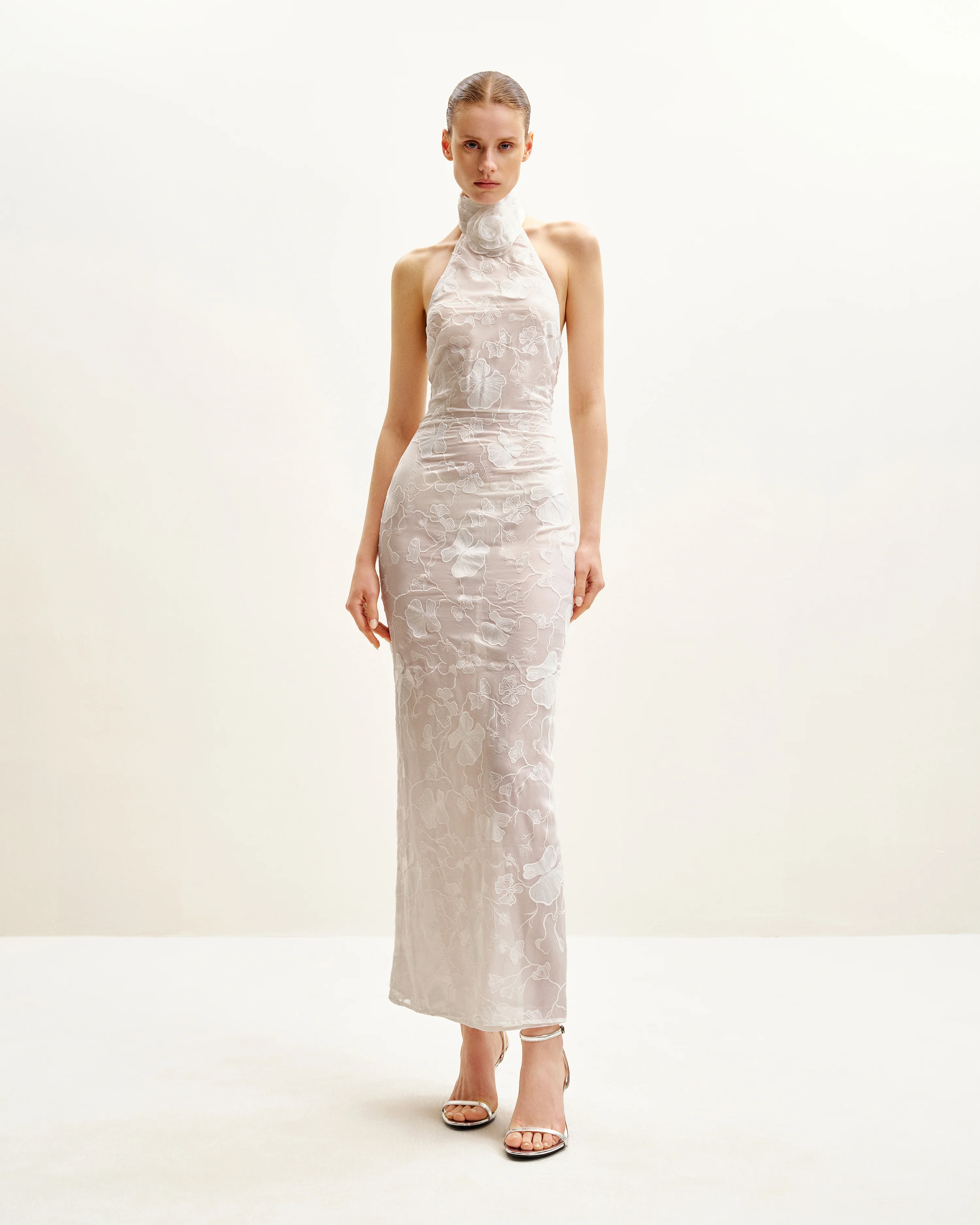 Uliana White Floral Lace Halterneck Maxi Dress - White