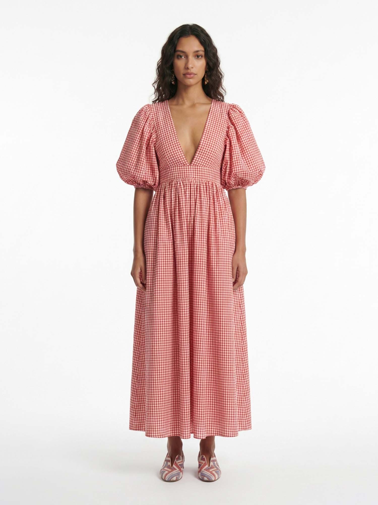 Red Gingham Puff Sleeve Maxi Dress