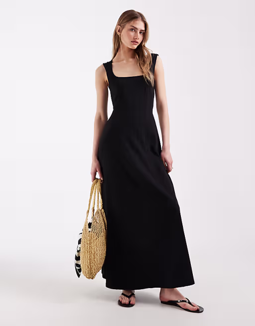 square neck seam detailing midi dress in black